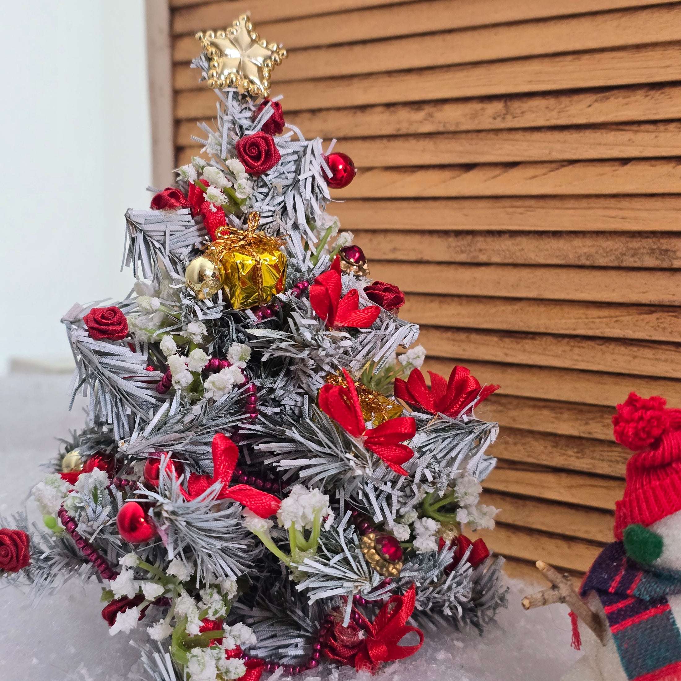 Decorated Christmas tree close up, in 1:12 miniature dollhouse scale. Vintage.