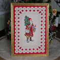 Load image into Gallery viewer, Framed miniature embroidered Victorian Santa Claus leaning against a Christmas tree.

