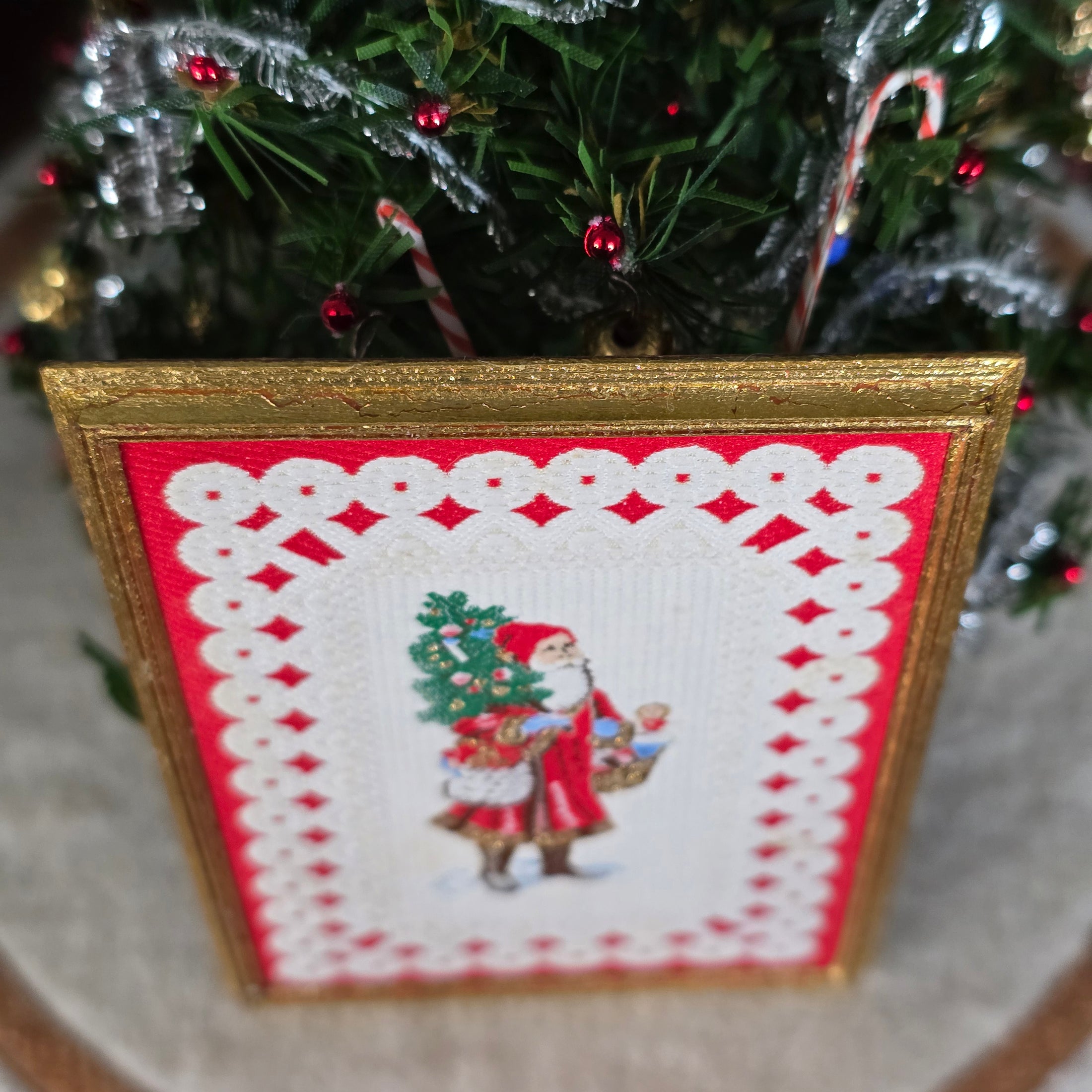Framed miniature embroidered Victorian Santa Claus, top view