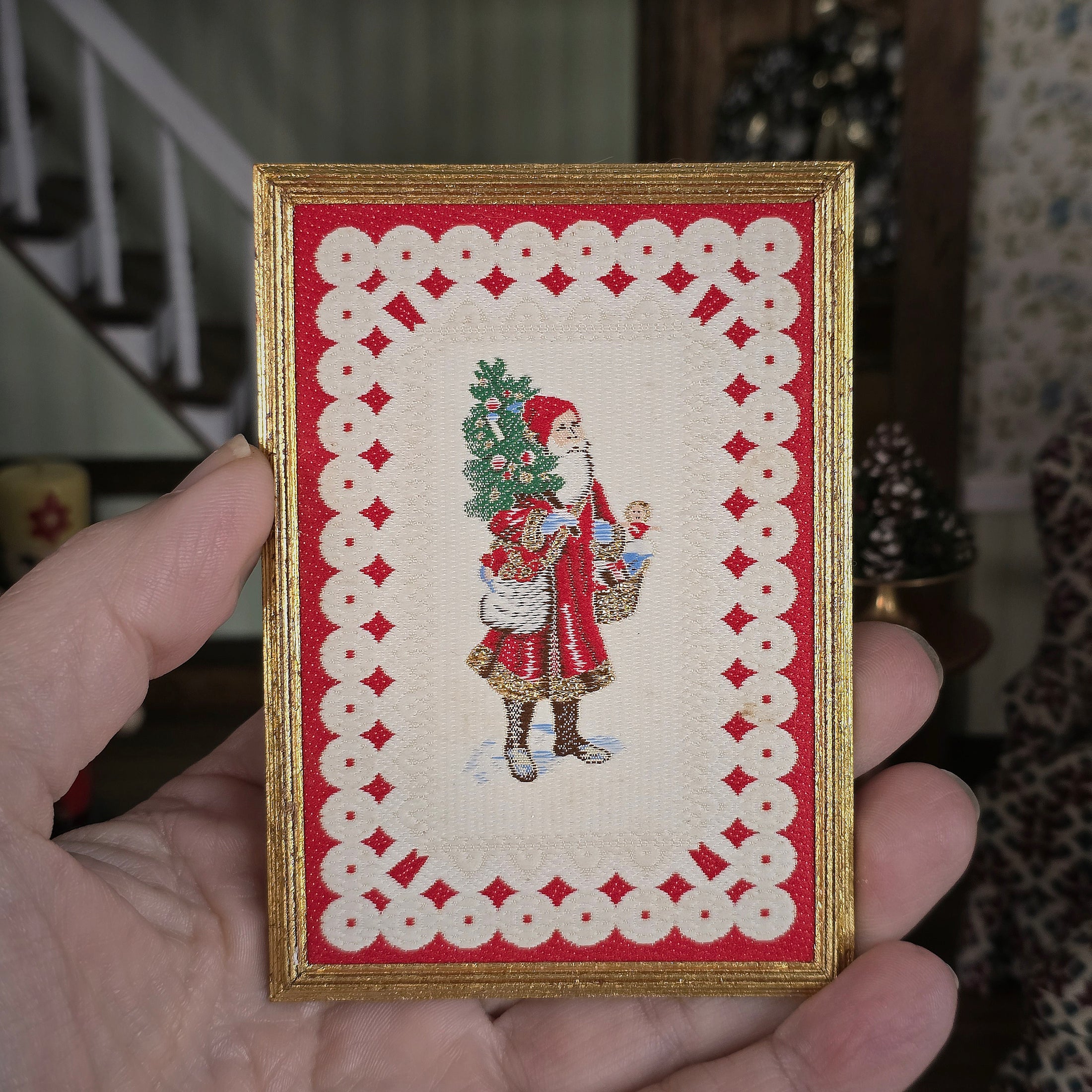 Framed miniature embroidered Victorian Santa Claus, held in hand