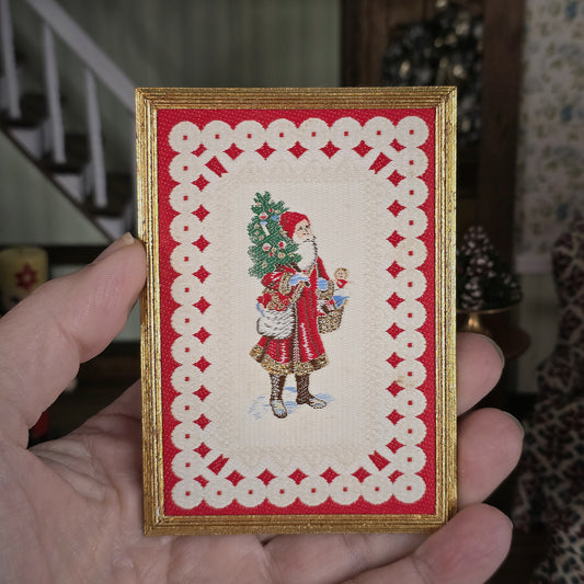 Framed miniature embroidered Victorian Santa Claus, held in hand