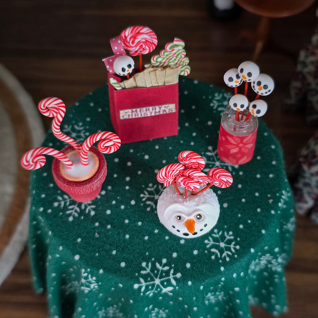 miniature candy displays, on a table, top view