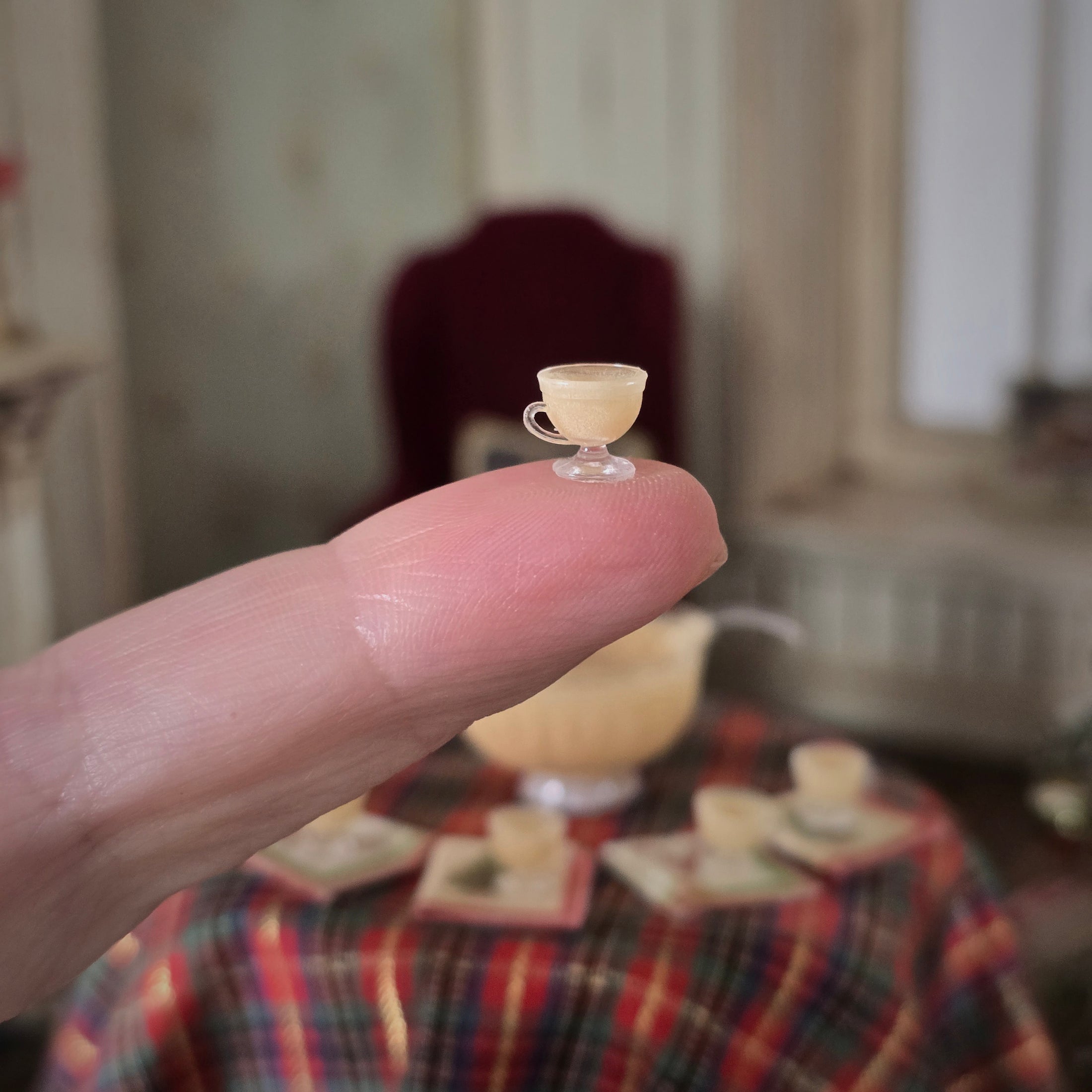 eggnog miniature dollhouse serving set, cup on finger