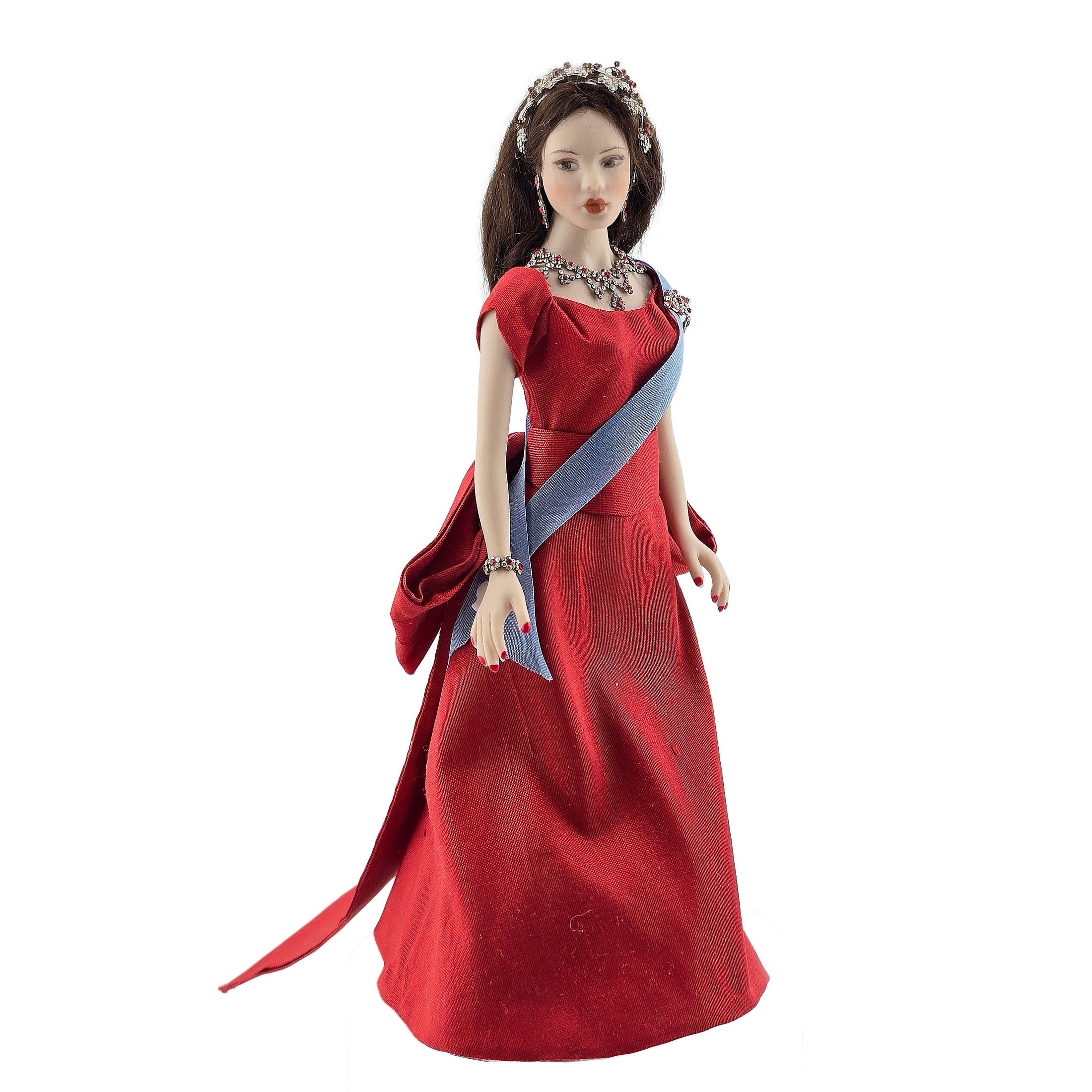 Elegant Royal Porcelain Dollhouse Dark Haired Lady in Red Silk Gown with Garnet Jewelry