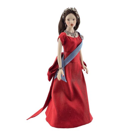 Elegant Royal Porcelain Dollhouse Dark Haired Lady in Red Silk Gown with Garnet Jewelry