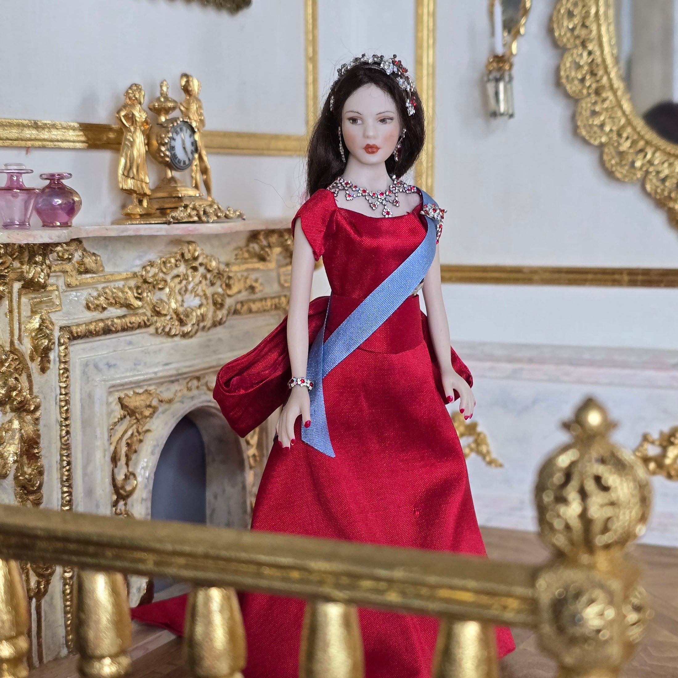 Elegant Royal Porcelain Dollhouse Dark Haired Lady in Red Silk Gown with Garnet Jewelry