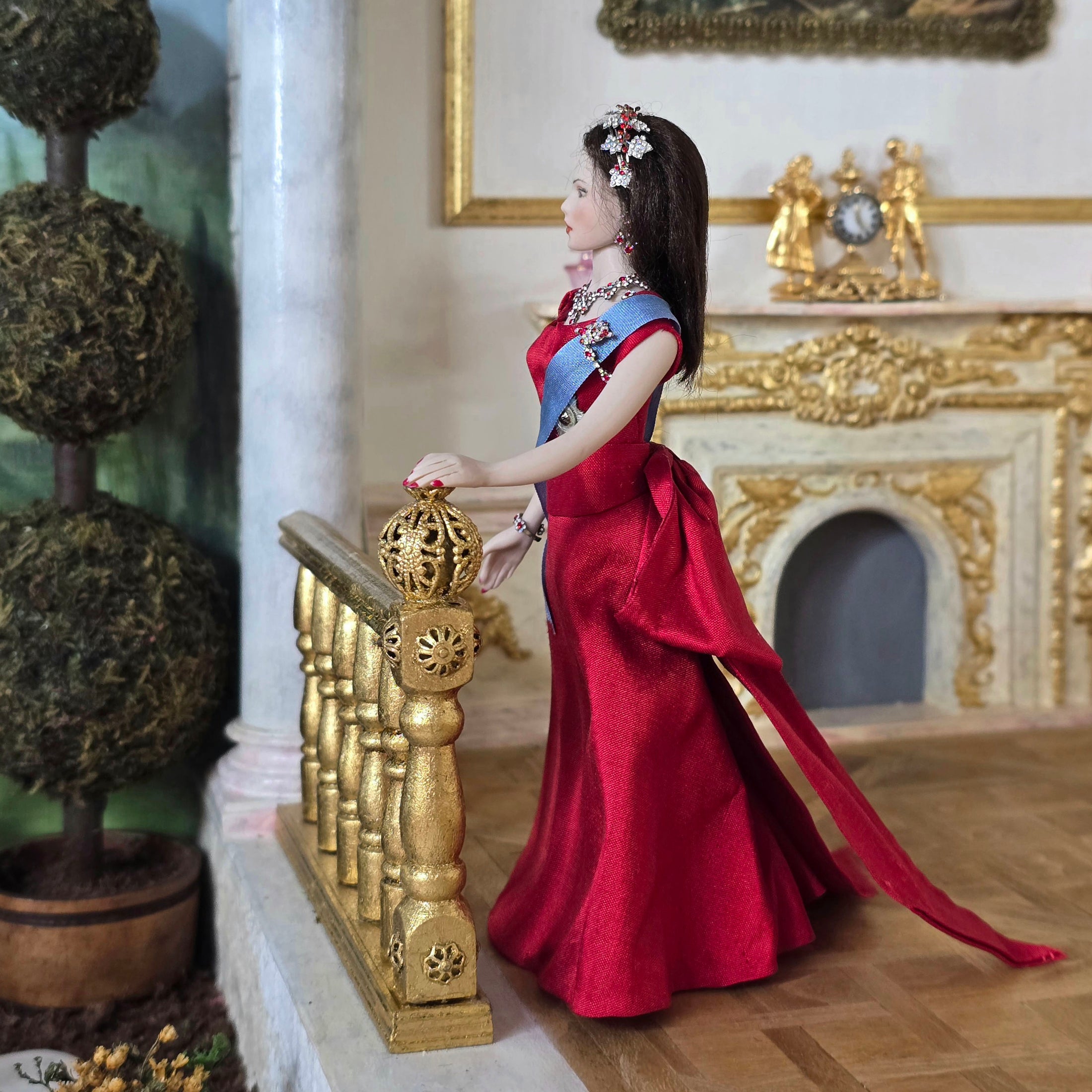 Elegant Royal Porcelain Dollhouse Dark Haired Lady in Red Silk Gown with Garnet Jewelry