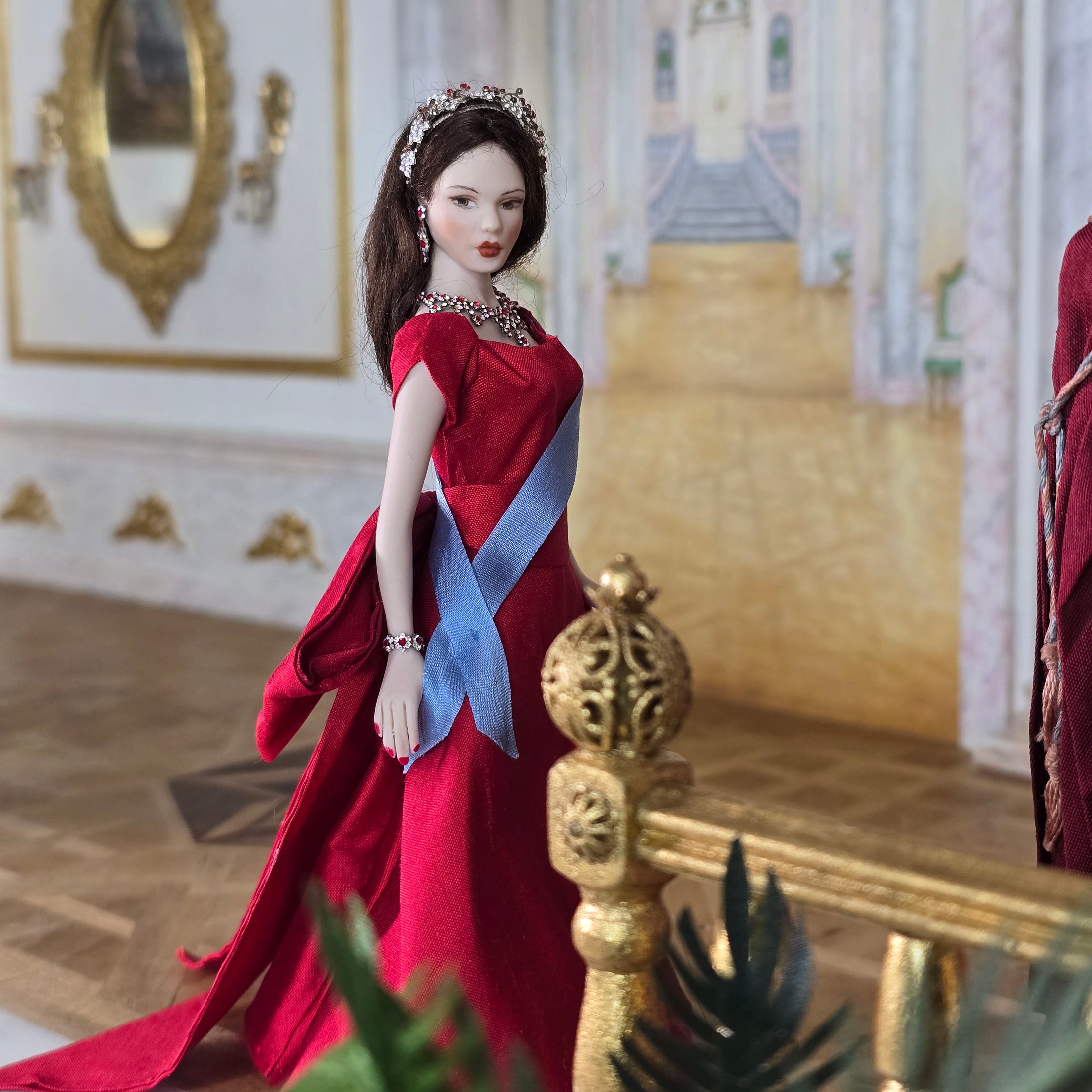 Elegant Royal Porcelain Dollhouse Dark Haired Lady in Red Silk Gown with Garnet Jewelry