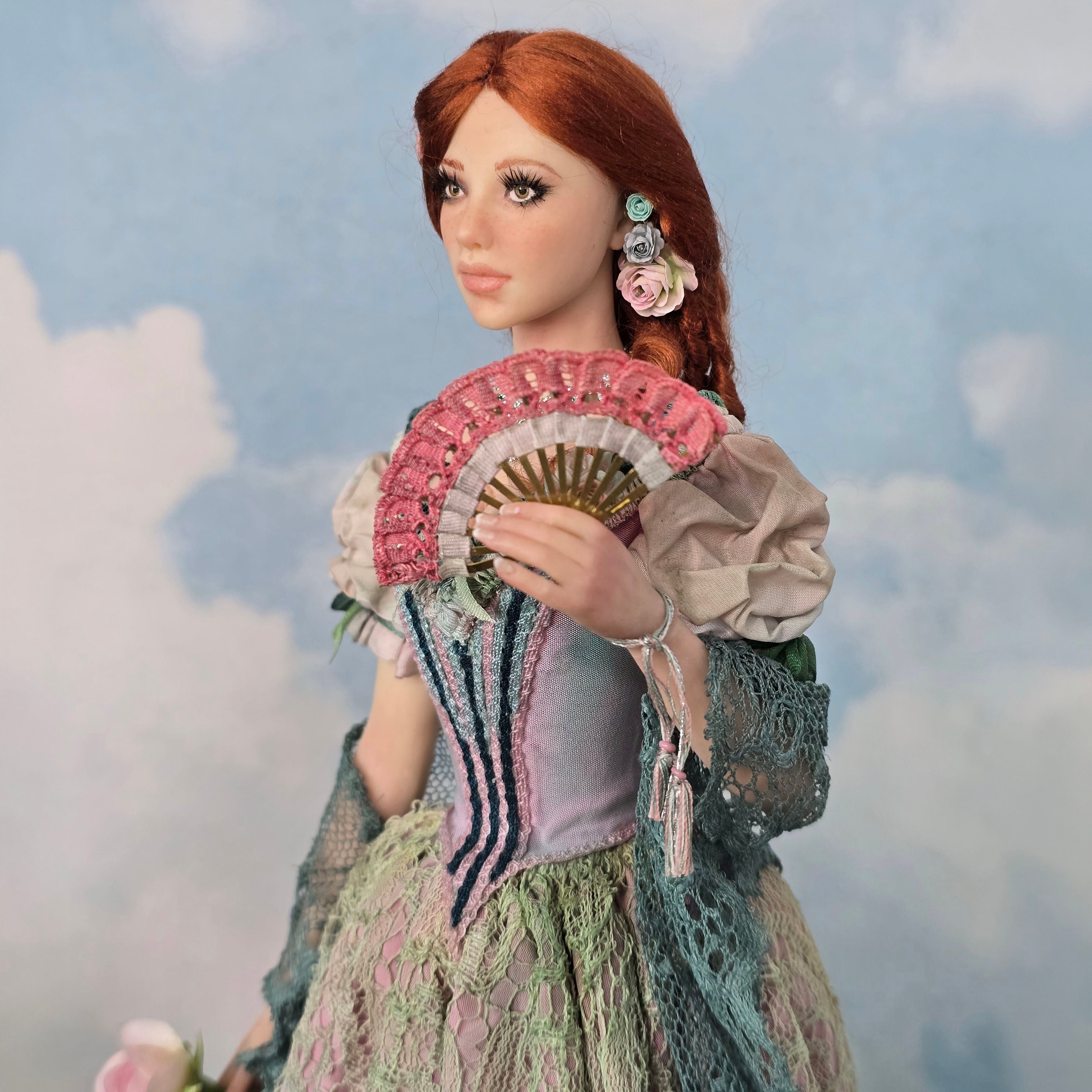 1:6 Scale Elisa Fenoglio At the Ball Porcelain Art Doll with Stand and Flower Pots