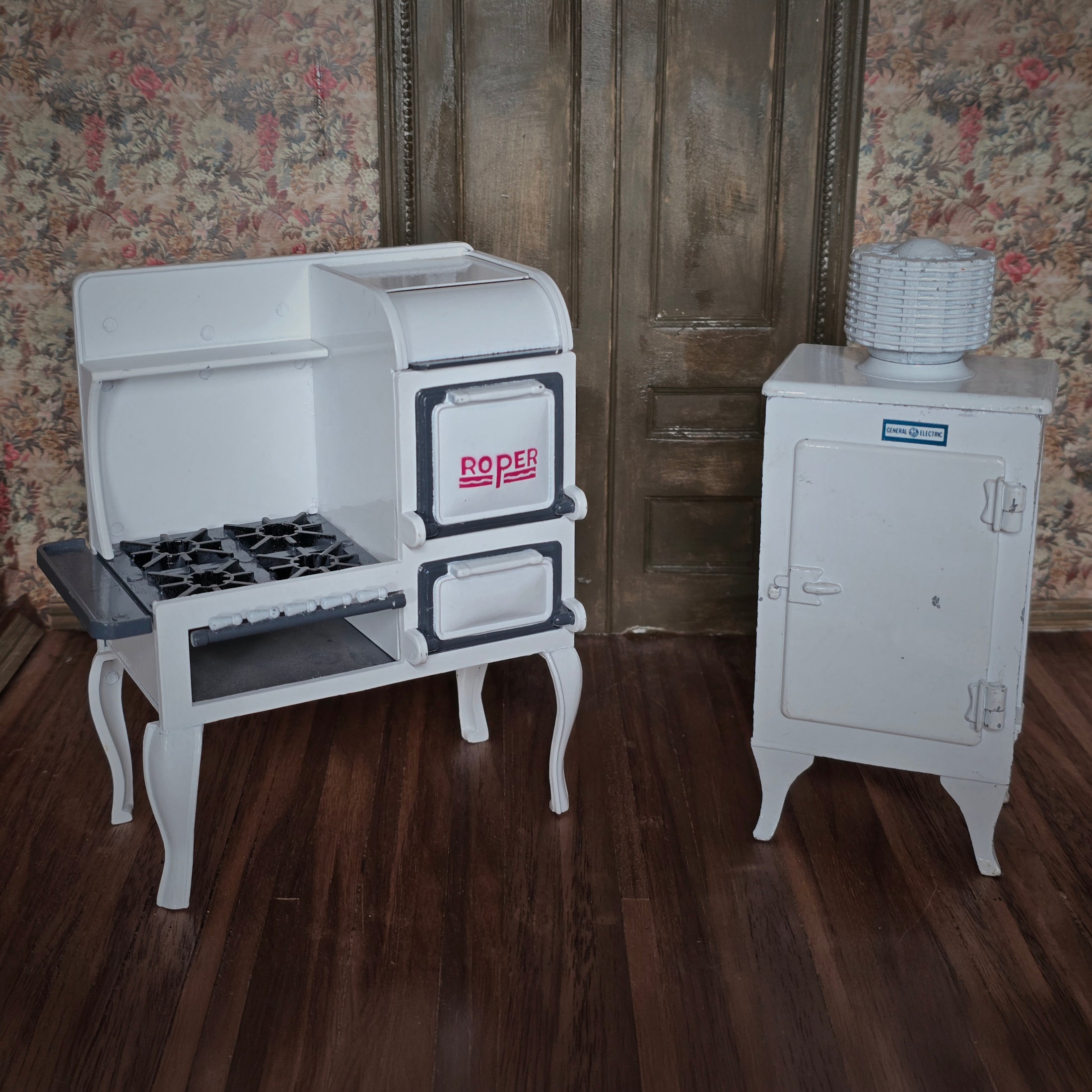 Retro Metal 1920s Roper Range Stove & GE Monitor Top Refrigerator Set
