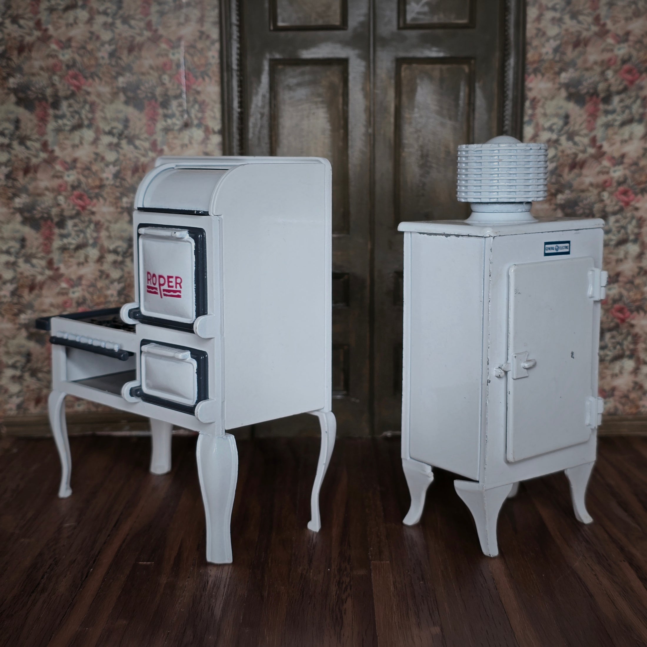 Retro Metal 1920s Roper Range Stove & GE Monitor Top Refrigerator Set