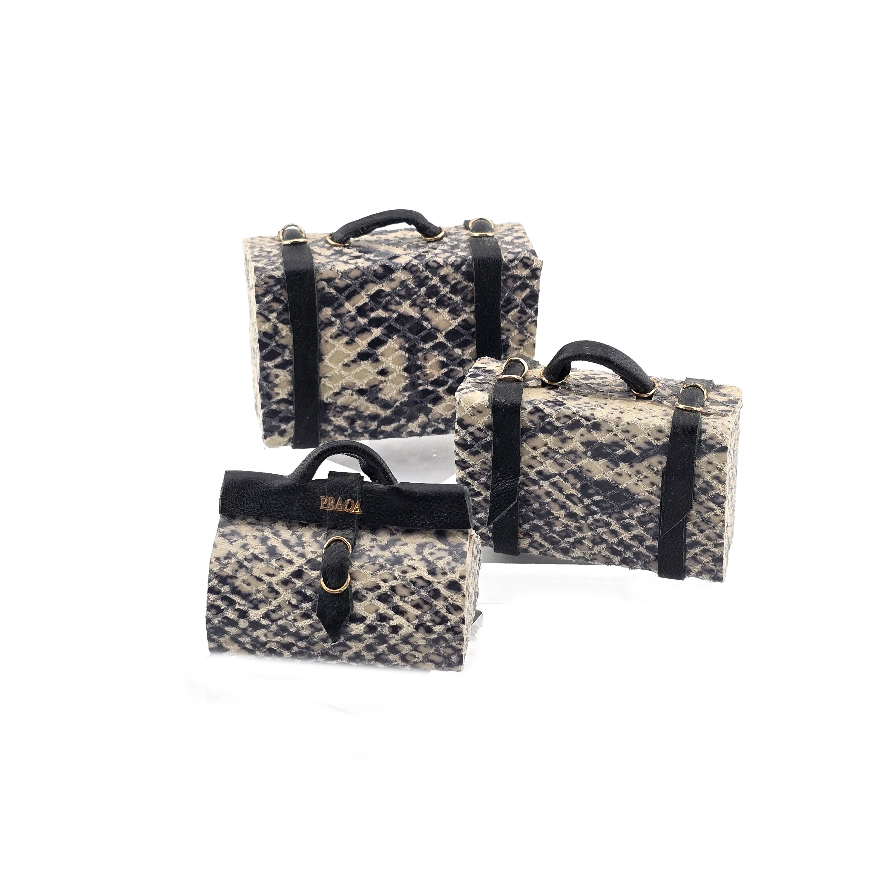 Miniature Dollhouse Prada Snakeskin Luggage Handbag Set 1:12