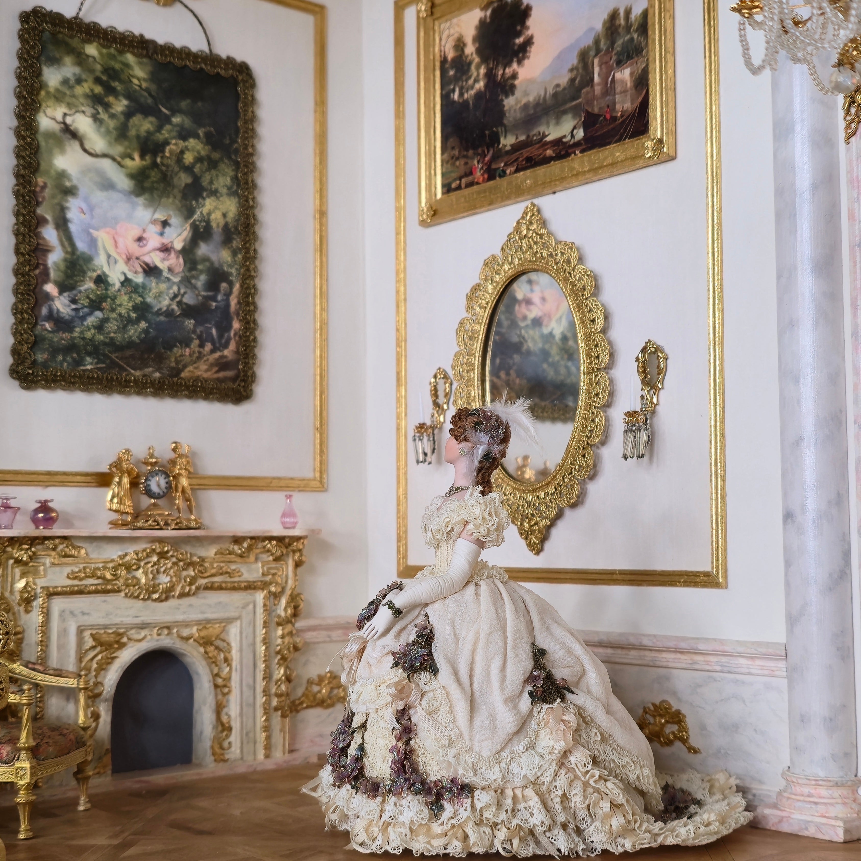 Stacy Hoffman doll in a dress standing in an ornate room with classical paintings and decor.