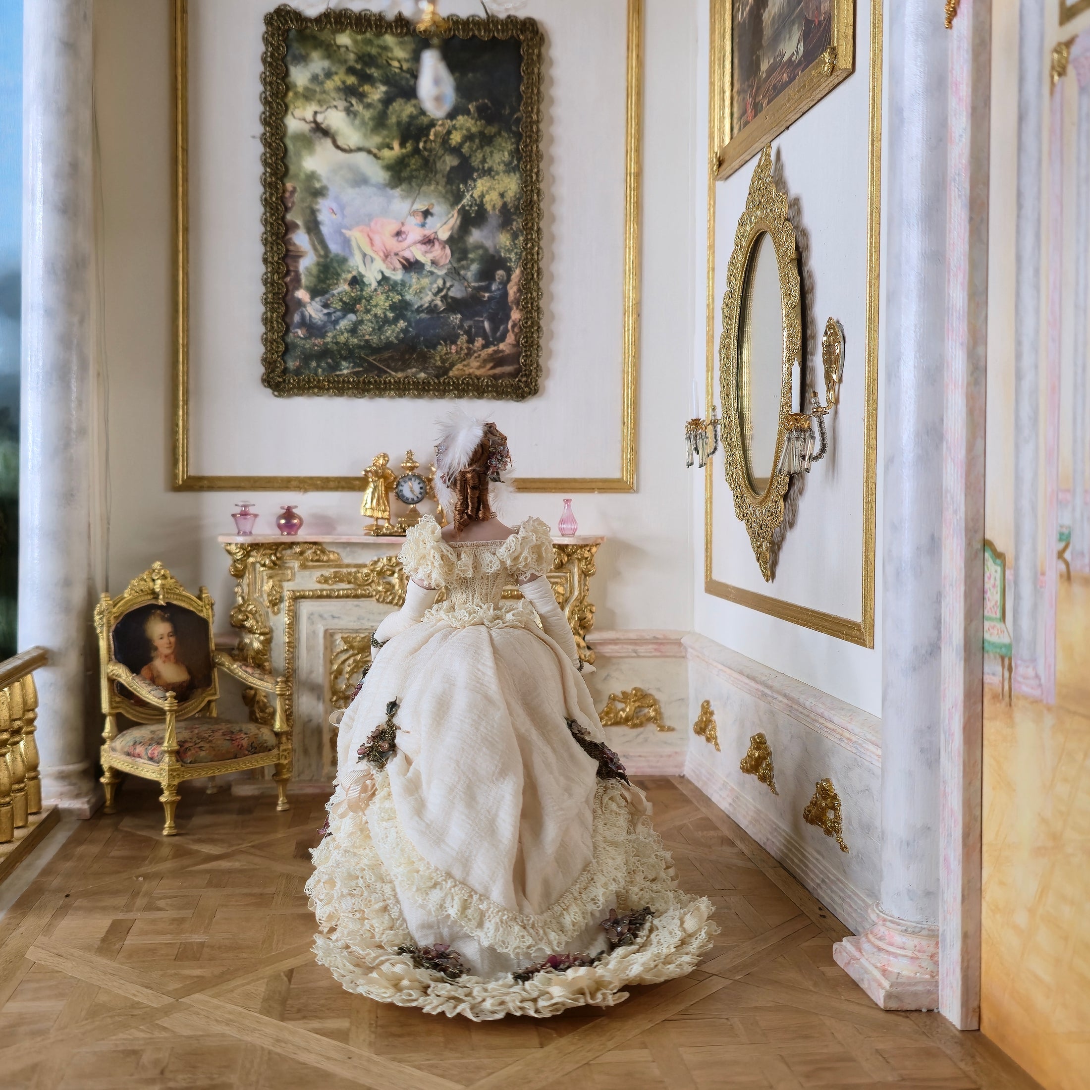 back of the gown of the Stacy Hoffman doll, paintings, and ornate walls.