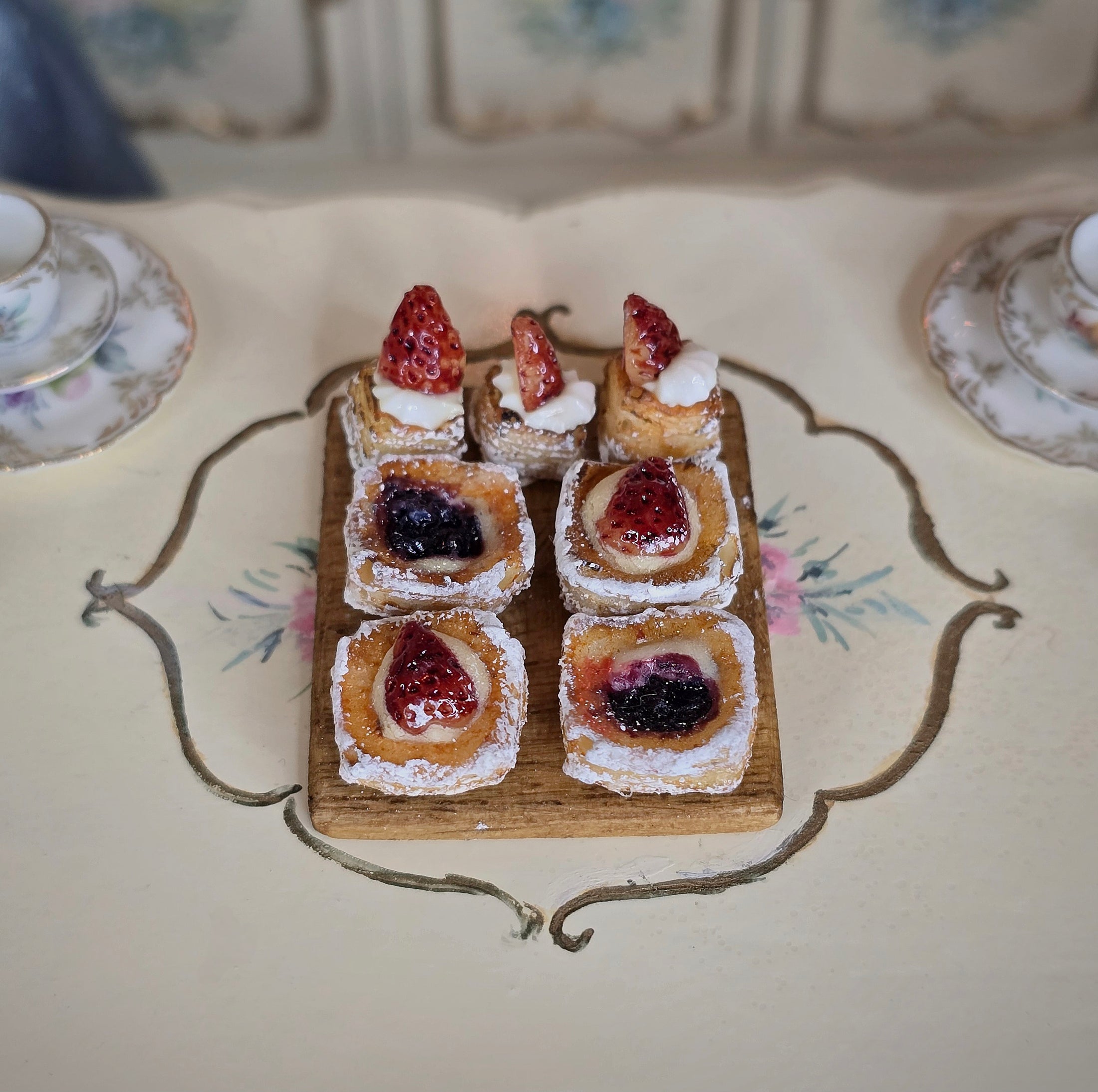 Artisan Miniature Dollhouse Shay Aaron Israel Realistic Pastries on Square Wooden Serving Board