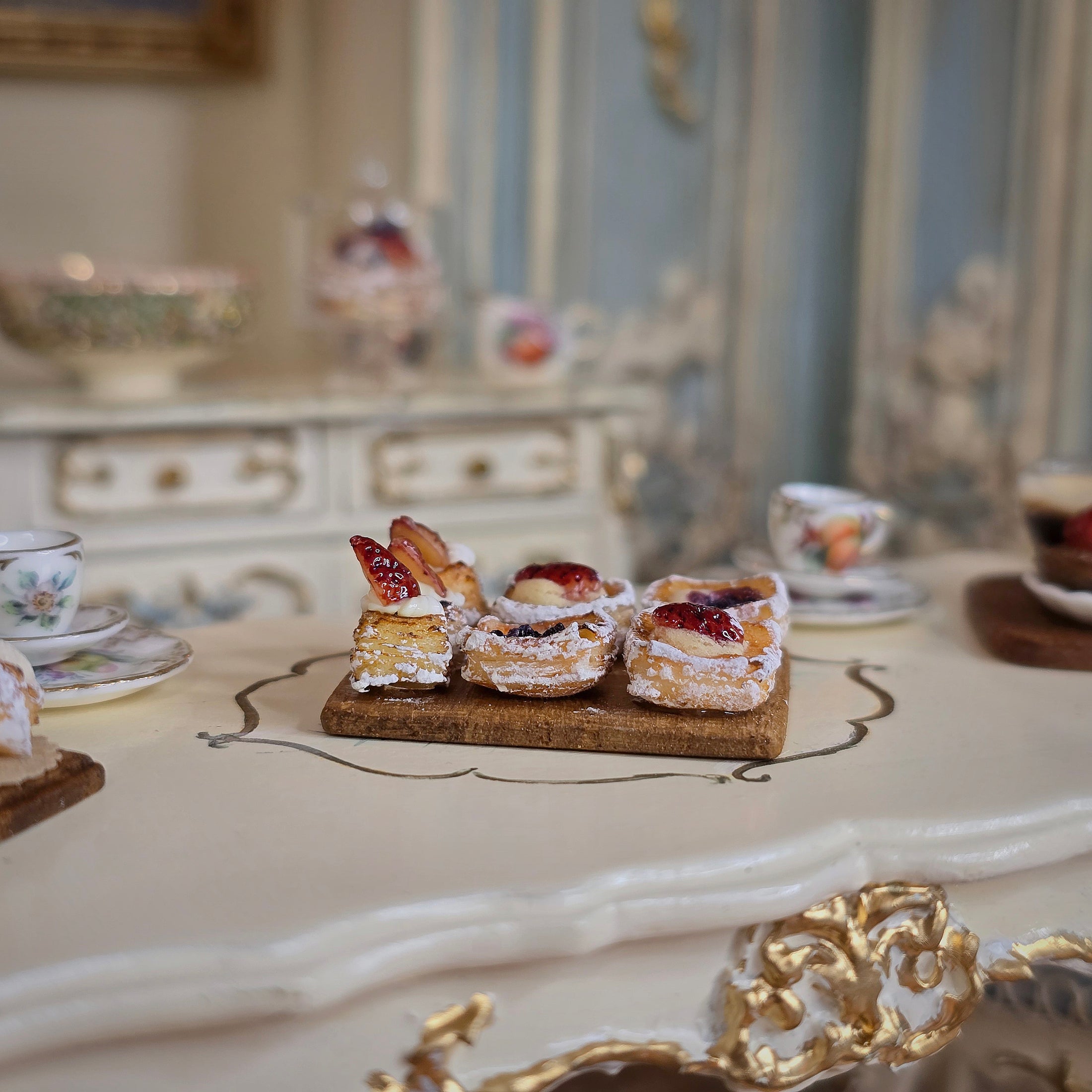 Artisan Miniature Dollhouse Shay Aaron Israel Realistic Pastries on Square Wooden Serving Board