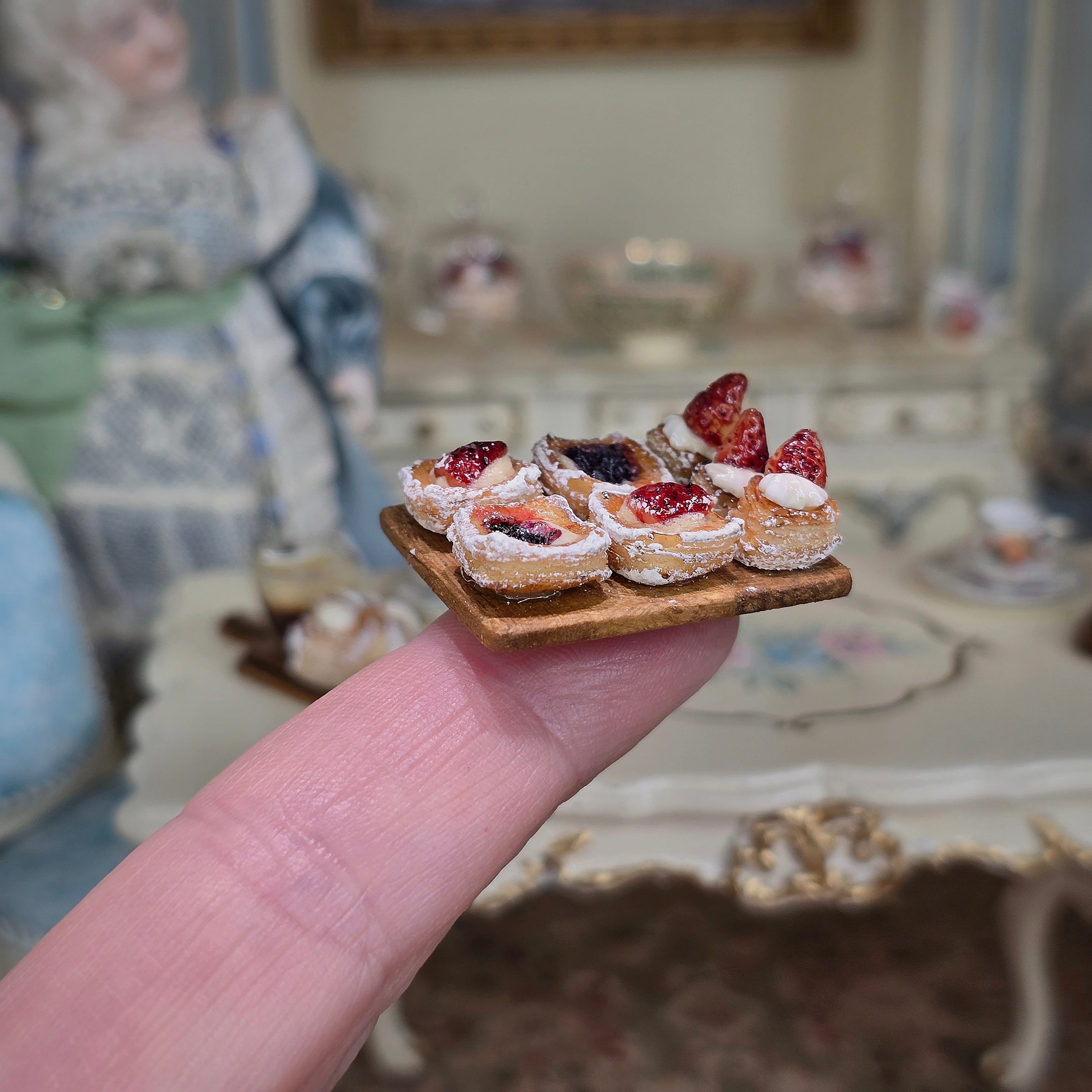 Artisan Miniature Dollhouse Shay Aaron Israel Realistic Pastries on Square Wooden Serving Board