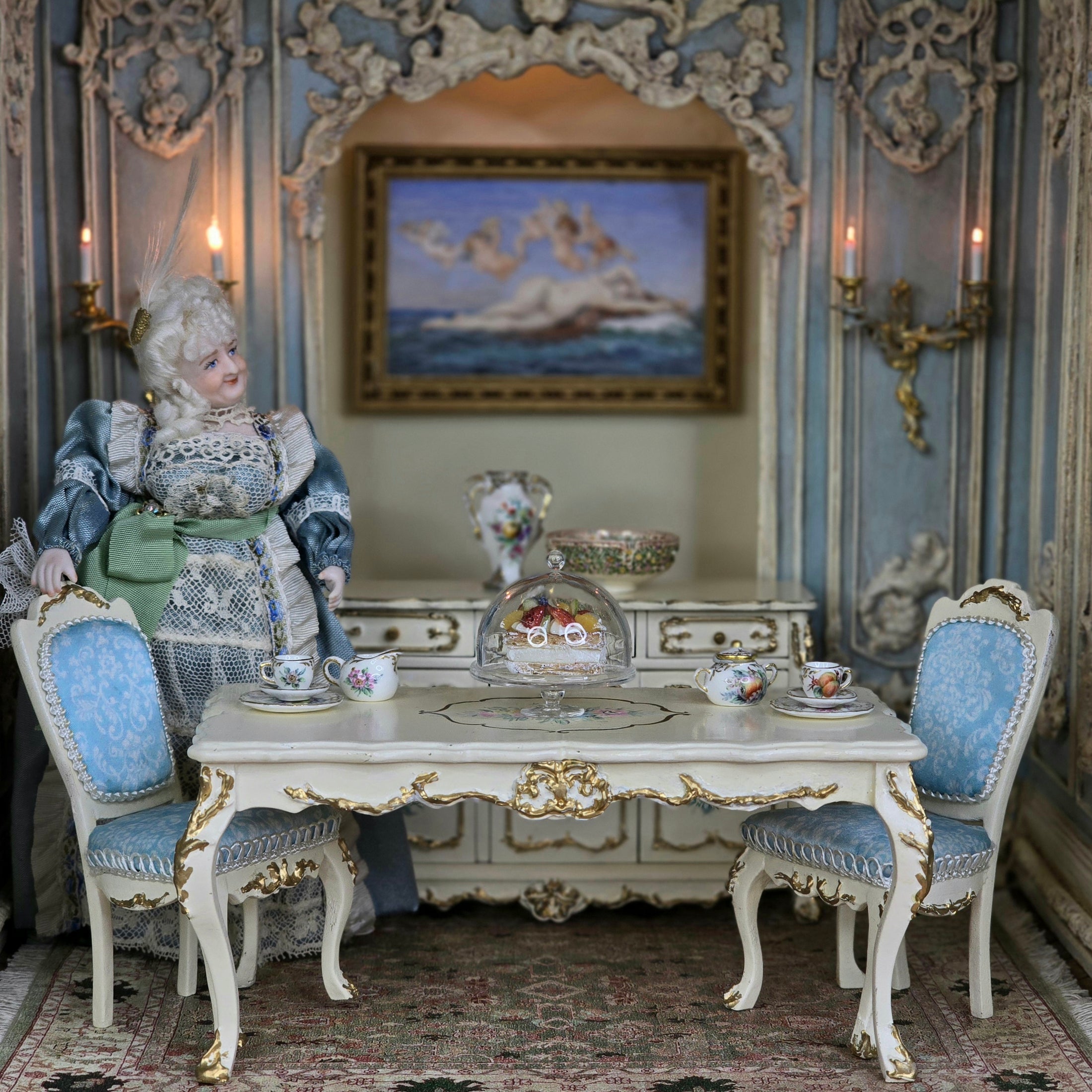 Vintage doll in an ornate room with decorative furniture and decor.