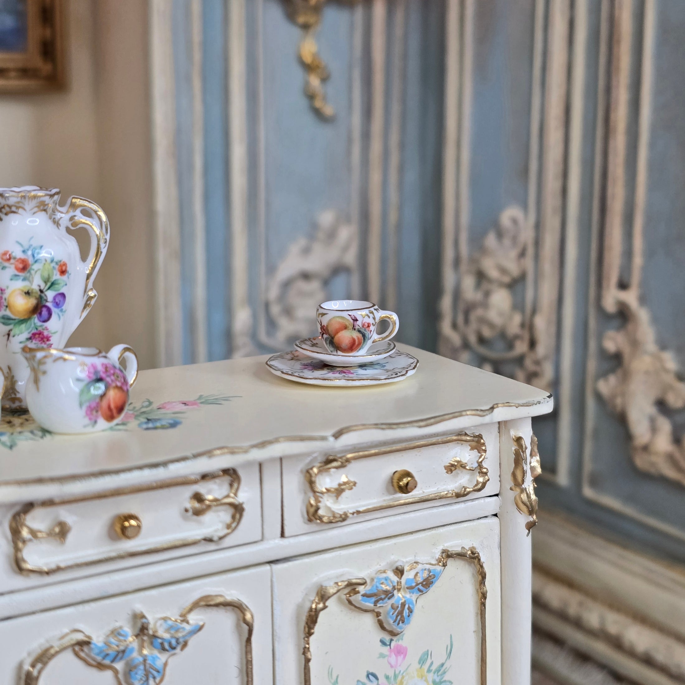 Hand painted Miyuki Nagashima porcelain set - stacked on buffet