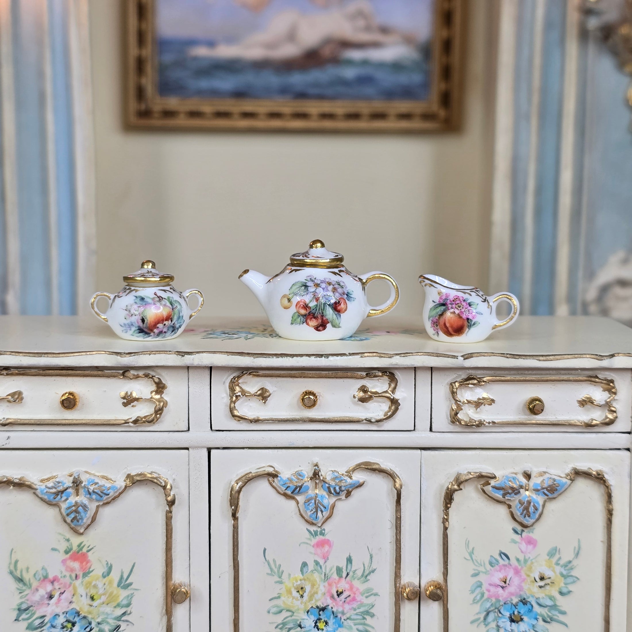  Miyuki Nagashima painted tea service set, on a buffet cabinet