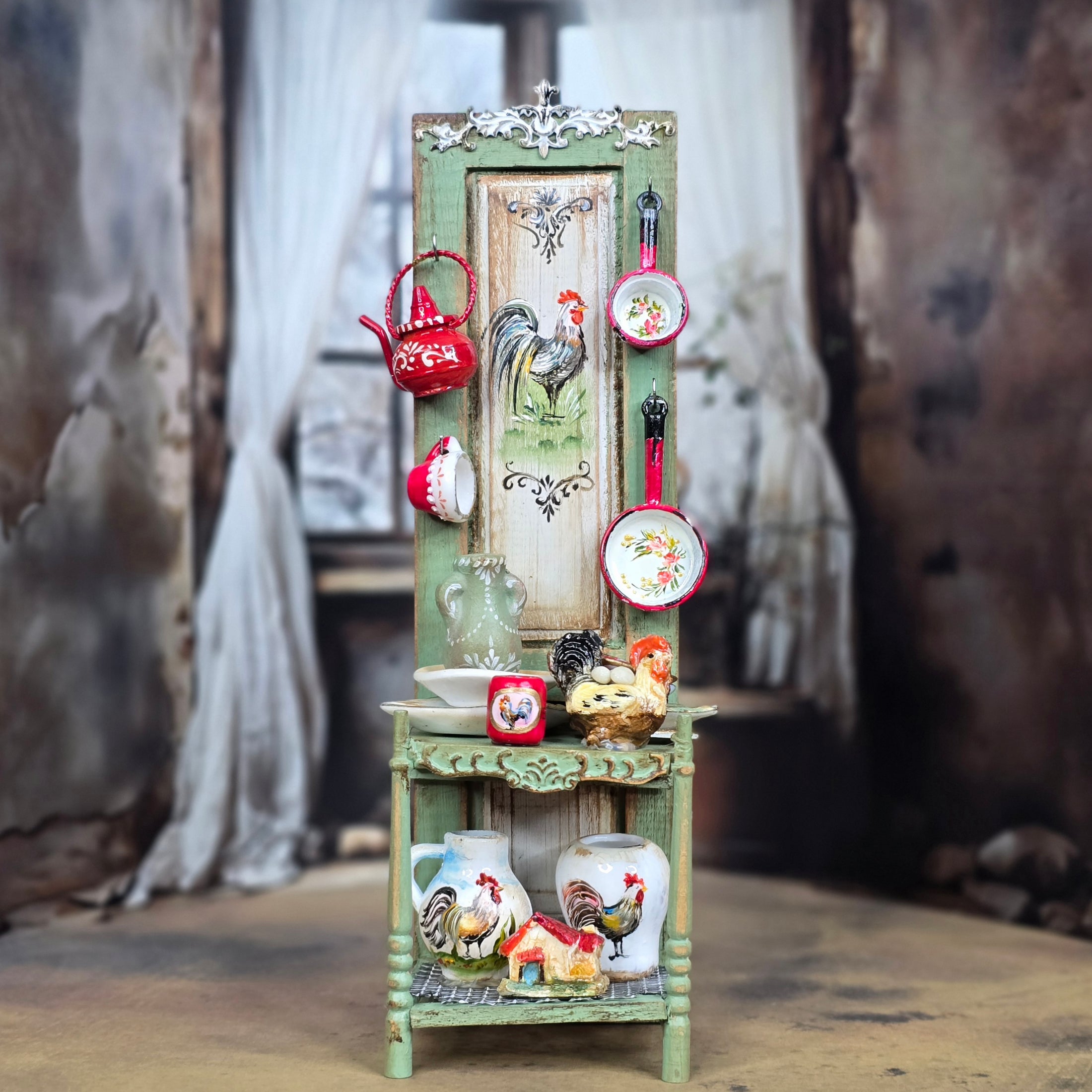 Decorative cabinet with rooster-themed items 