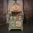 Load image into Gallery viewer, Decorative kitchen stove with floral and rooster designs against a curtain backdrop
