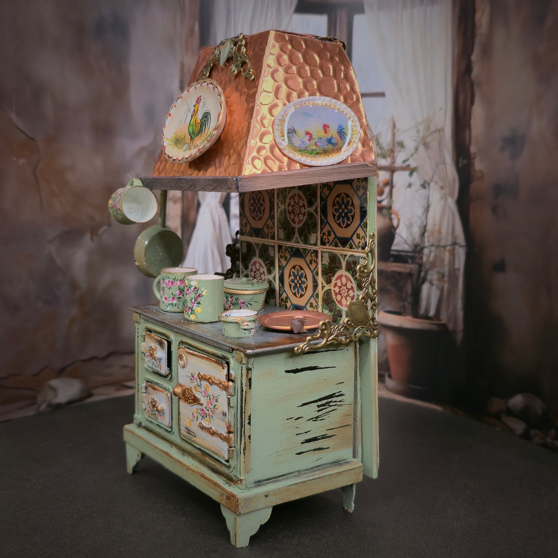 Decorative kitchen stove with items in a vintage setting