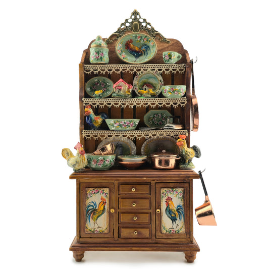 Decorative wooden cabinet with rooster designs on a white background