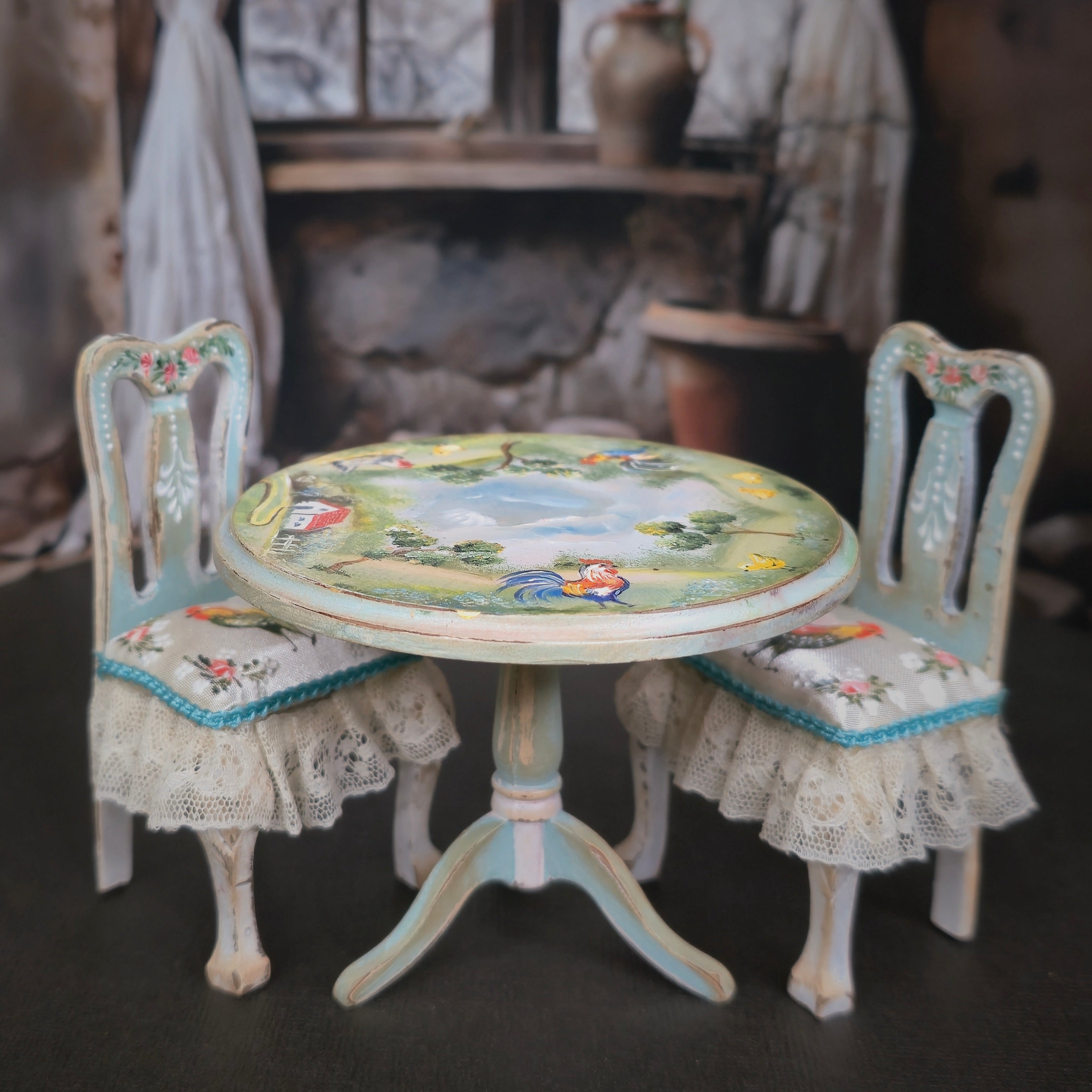 Miniature table and chairs with a decorative tablecloth in a softly blurred background