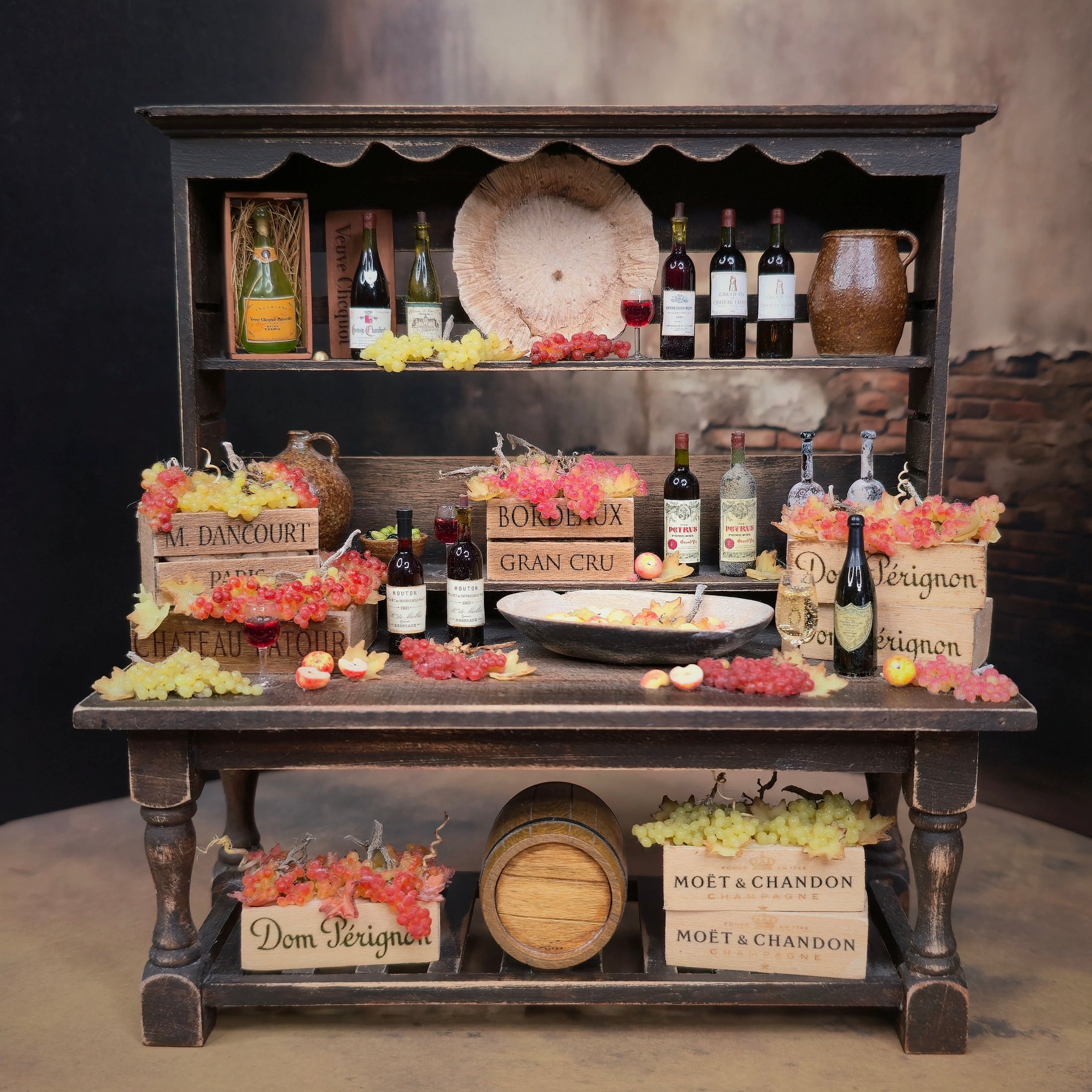 Vintage-style bar setup with wine bottles and decorative elements on a wooden shelf.