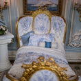 Load image into Gallery viewer, Decorative bed headboard with blue and white patterns in a ornate room.
