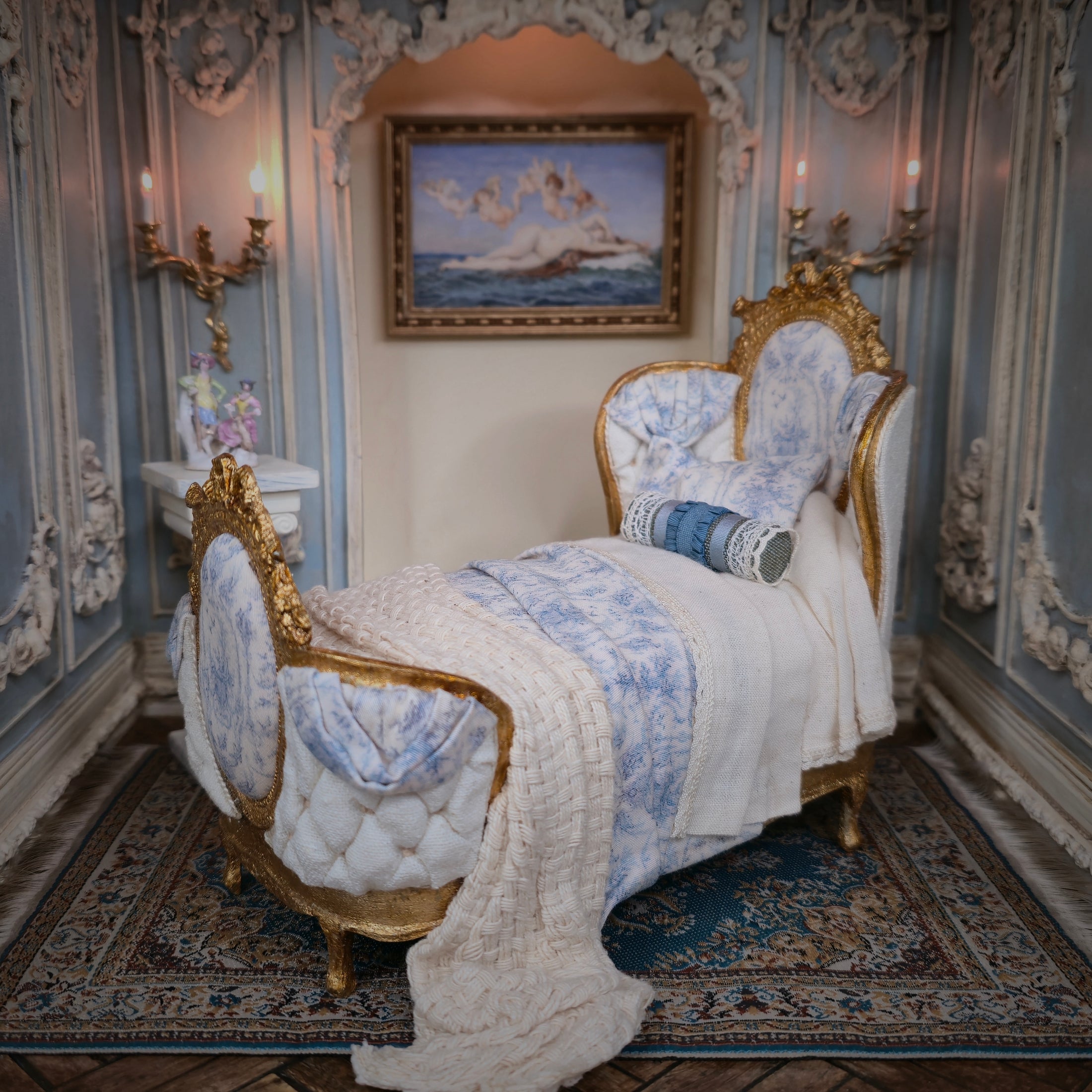 Delicate bedroom with ornate bed, decorative wall sconces, and a painting.