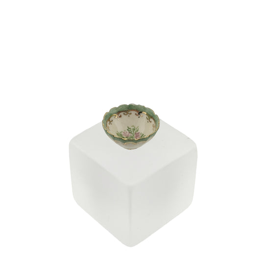 Teresa Welch Scalloped Rim Green Gilt Bowl with Pink Roses, 1999