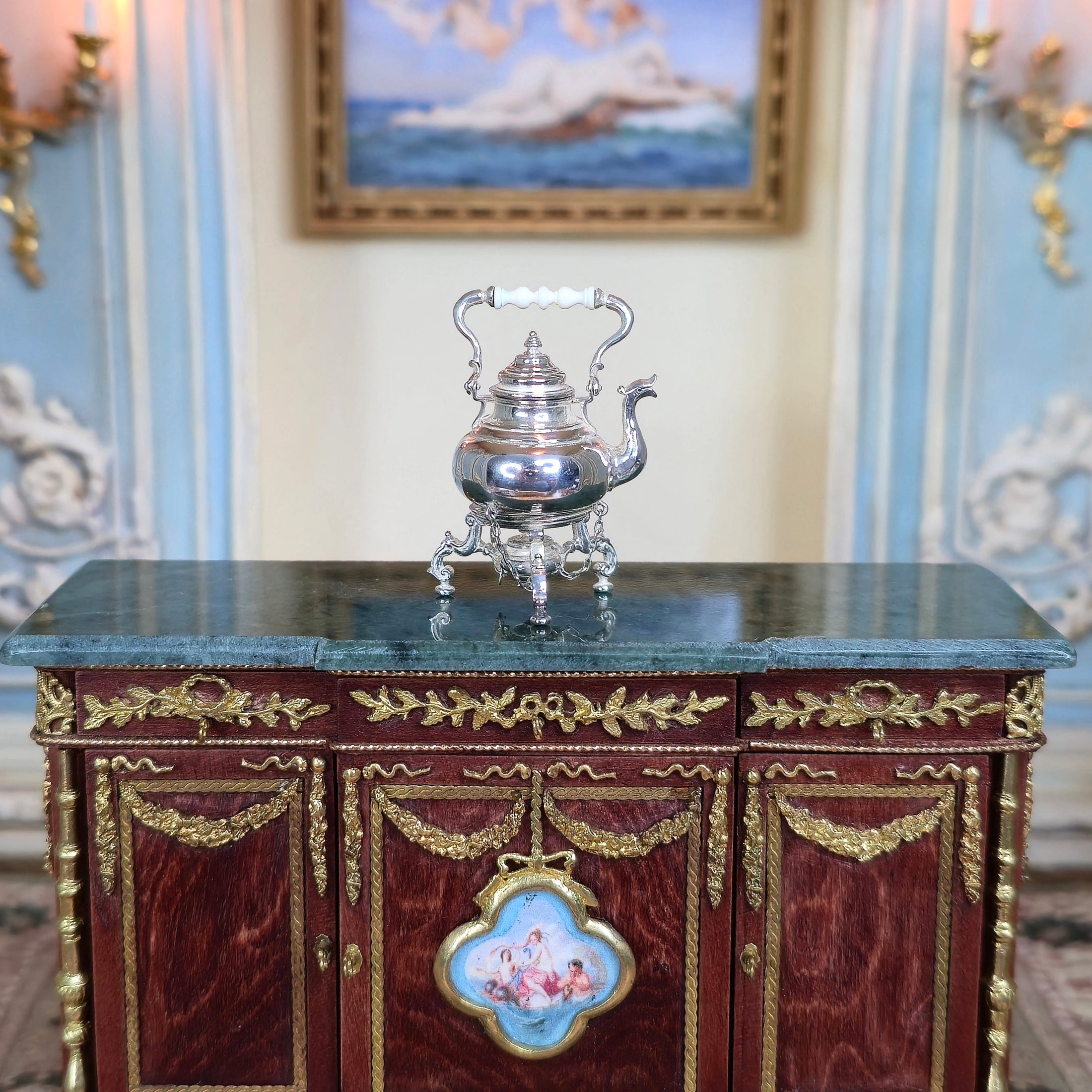 Ornate Elegant Sterling Silver Tea Kettle on Stand by Obadiah Fisher