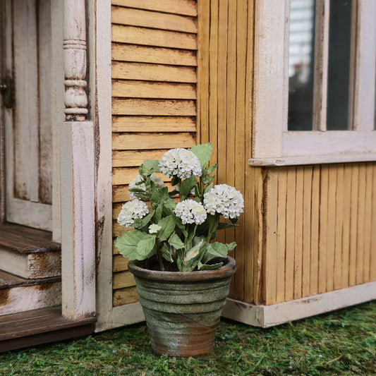 Handmade White Hydrangea in Aged Clay Pot 1:12 Scale