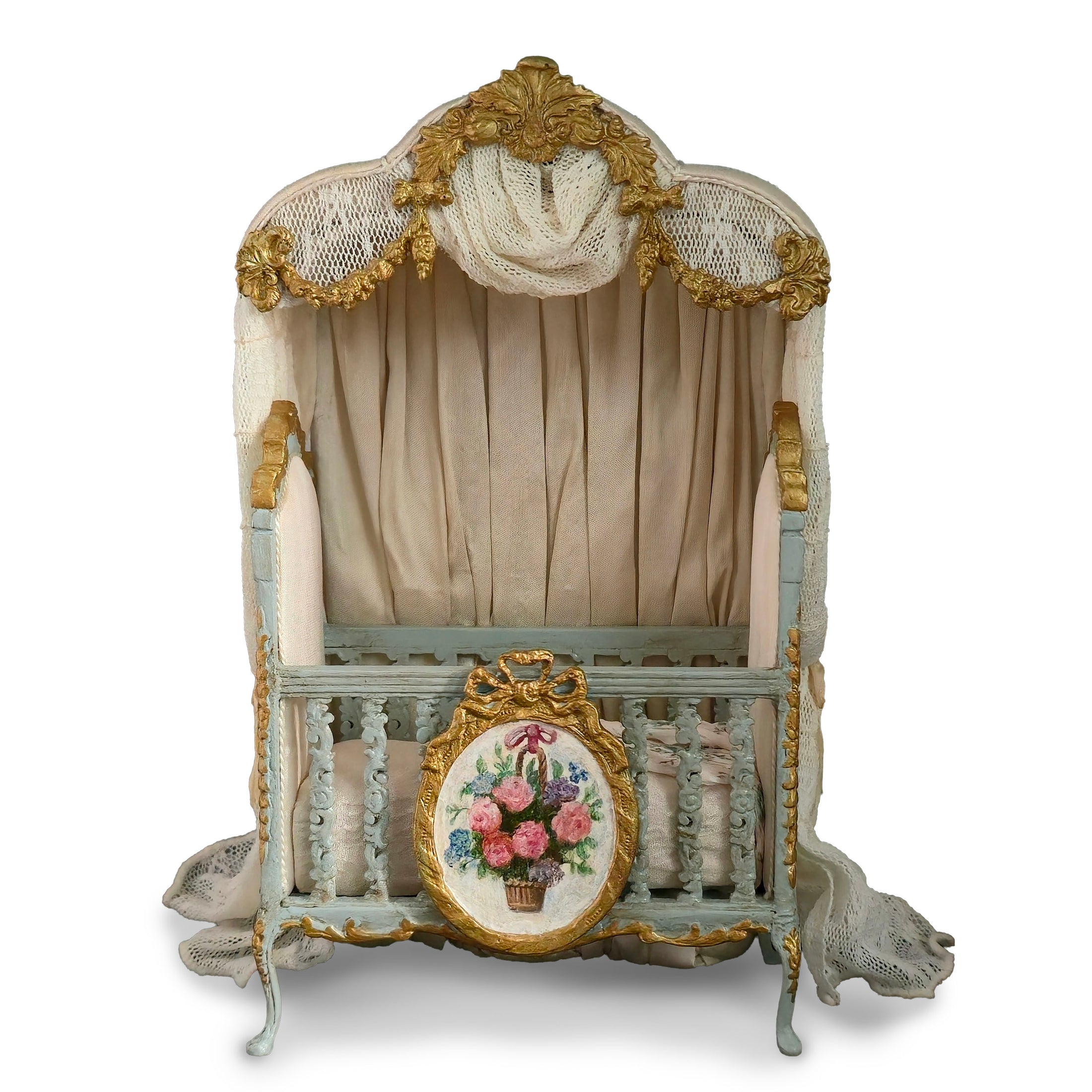 June Clinkscales Custom Blue Hand-Painted Rococo Baby Crib with Silk Canopy 2014