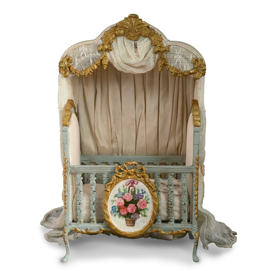 June Clinkscales Custom Blue Hand-Painted Rococo Baby Crib with Silk Canopy 2014