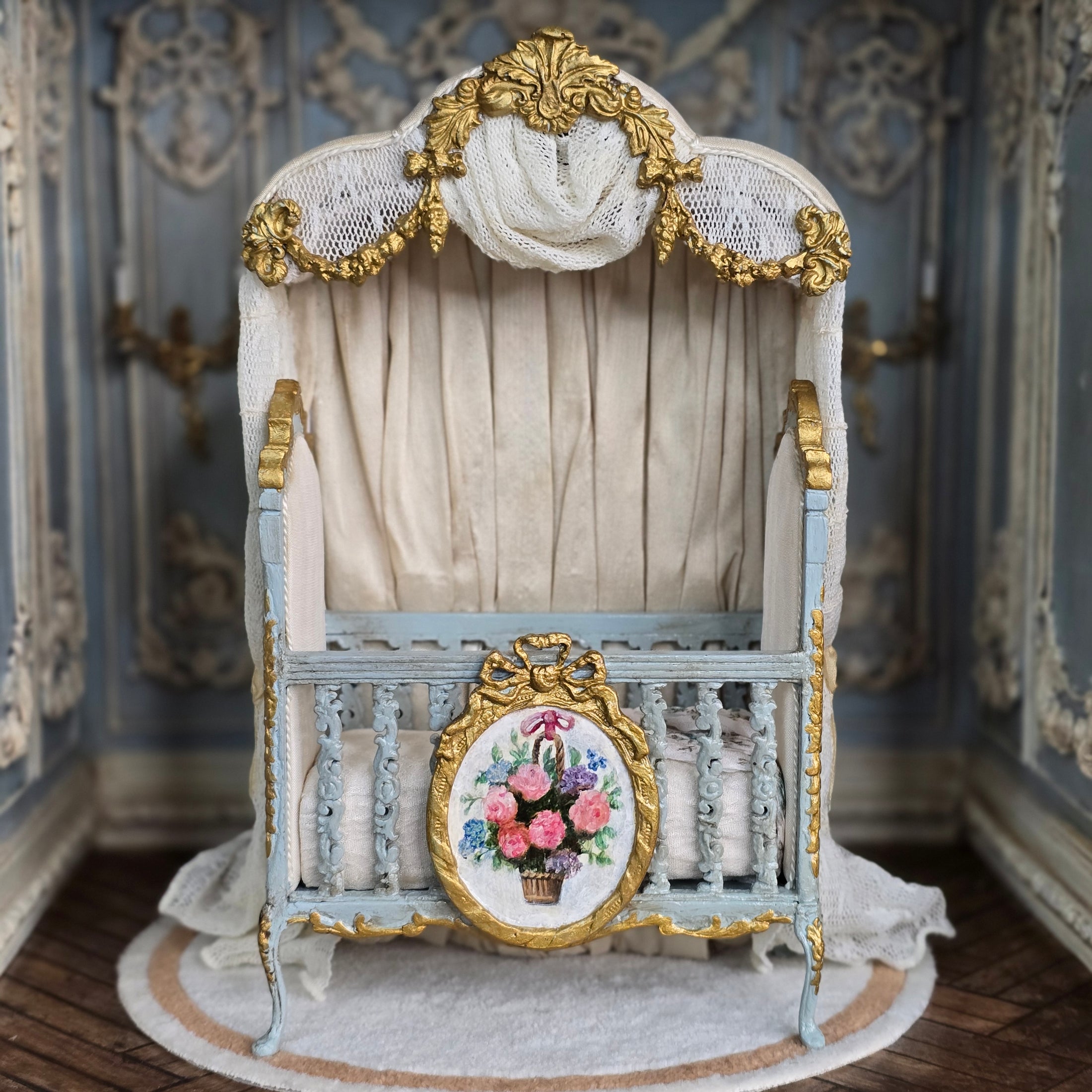June Clinkscales Custom Blue Hand-Painted Rococo Baby Crib with Silk Canopy 2014