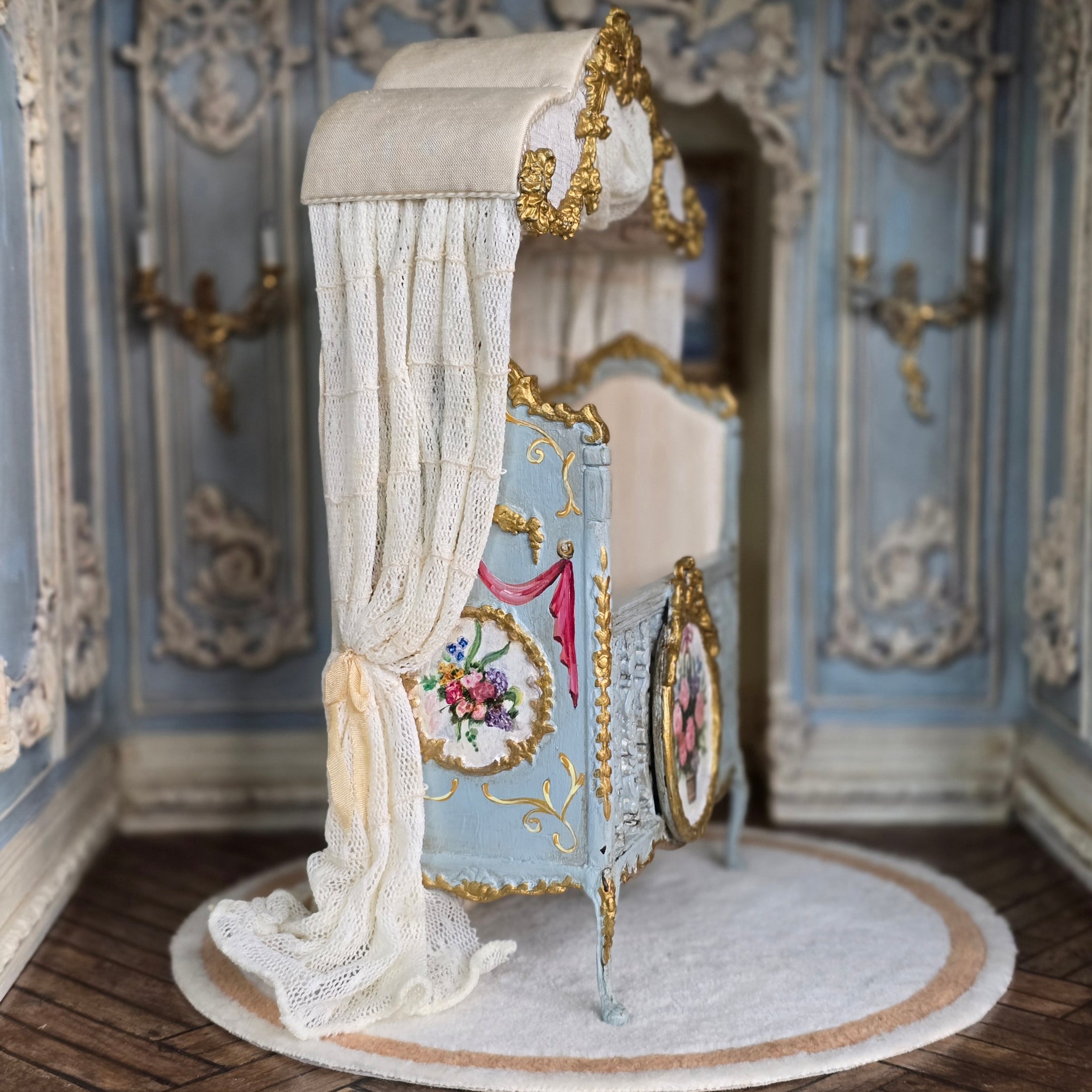 June Clinkscales Custom Blue Hand-Painted Rococo Baby Crib with Silk Canopy 2014