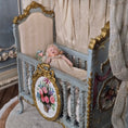 Load image into Gallery viewer, June Clinkscales Custom Blue Hand-Painted Rococo Baby Crib with Silk Canopy 2014
