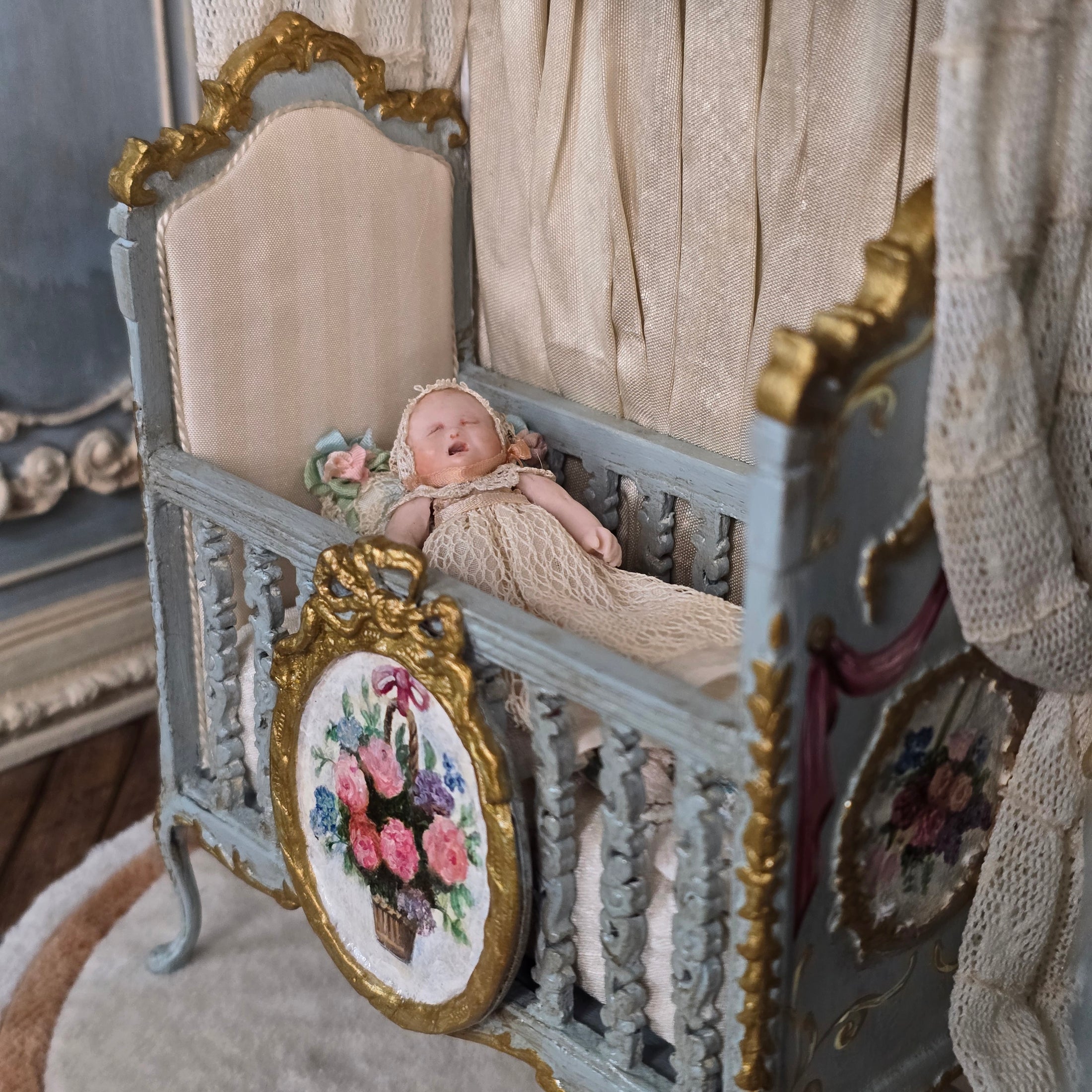 June Clinkscales Custom Blue Hand-Painted Rococo Baby Crib with Silk Canopy 2014