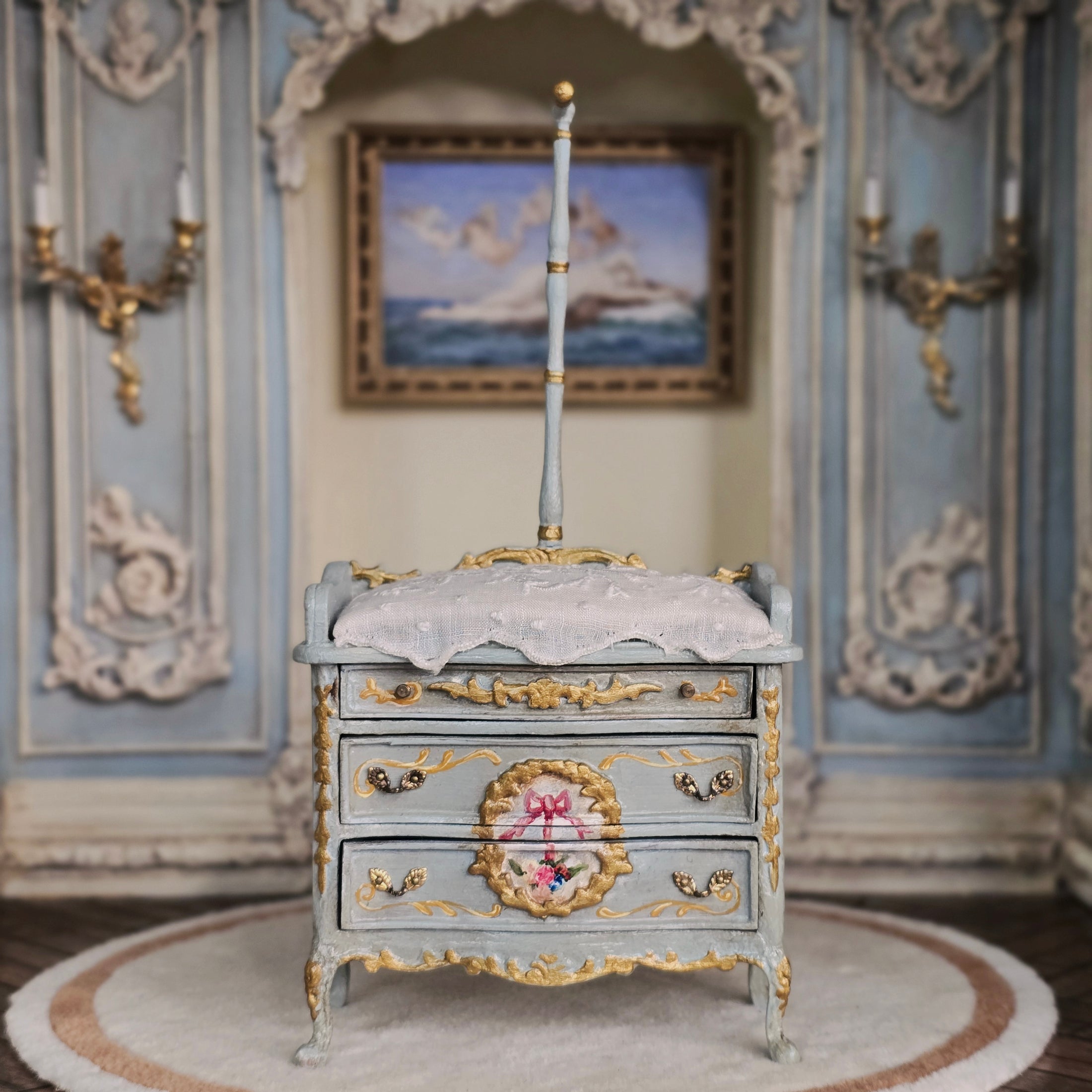 June Clinkscales Custom Rococo Gilt Blue Baby’s Changing Table with Hanging Rail