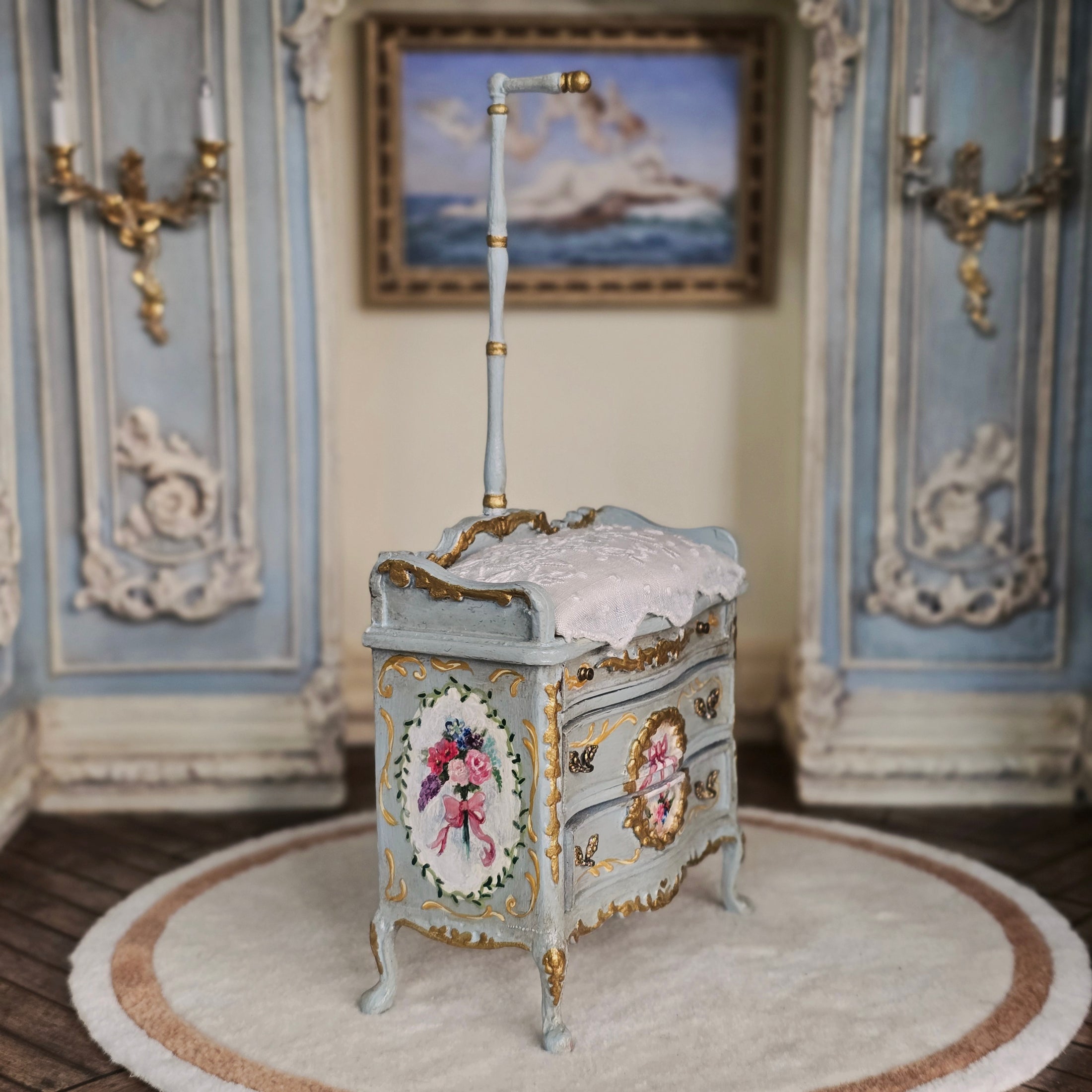 June Clinkscales Custom Rococo Gilt Blue Baby’s Changing Table with Hanging Rail