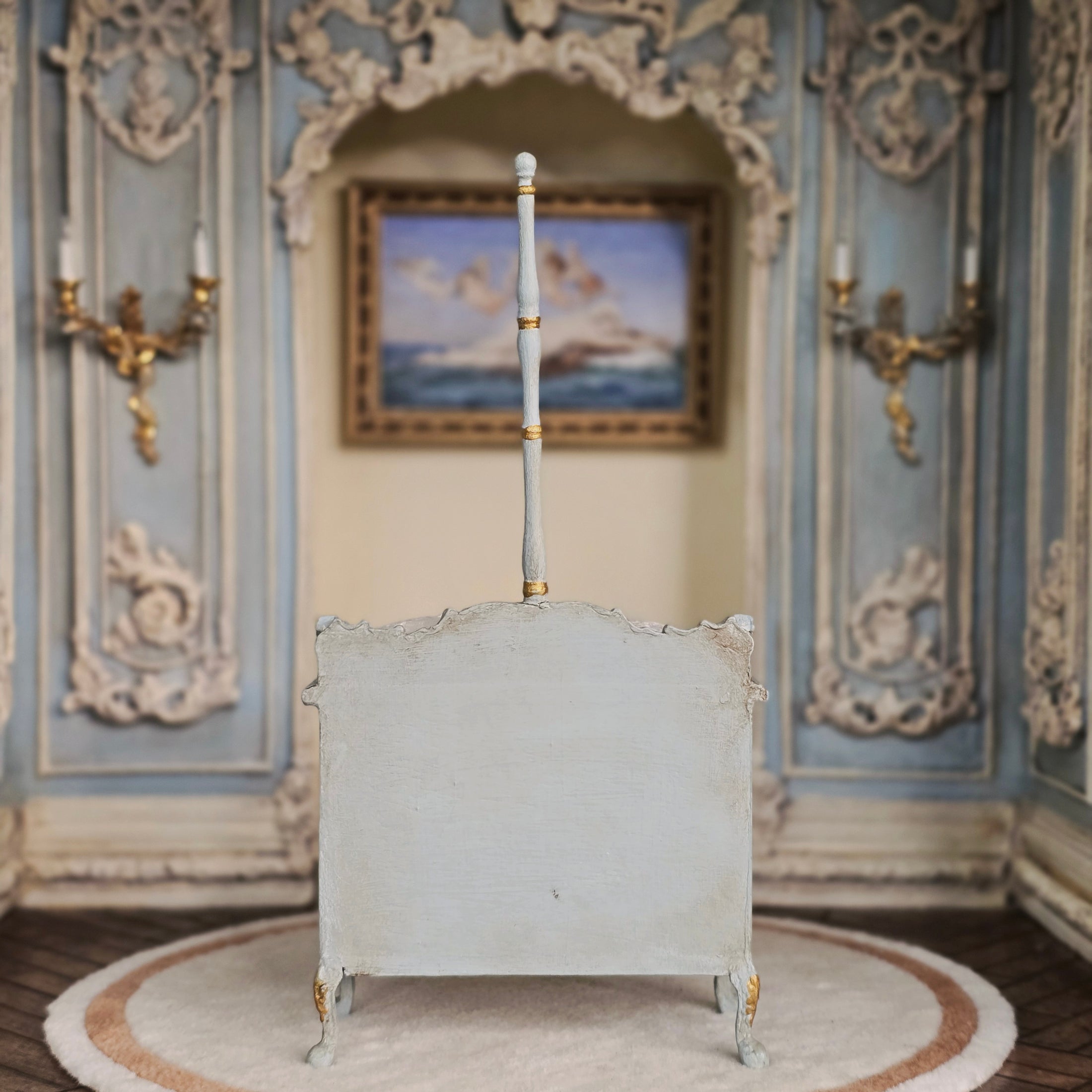 June Clinkscales Custom Rococo Gilt Blue Baby’s Changing Table with Hanging Rail
