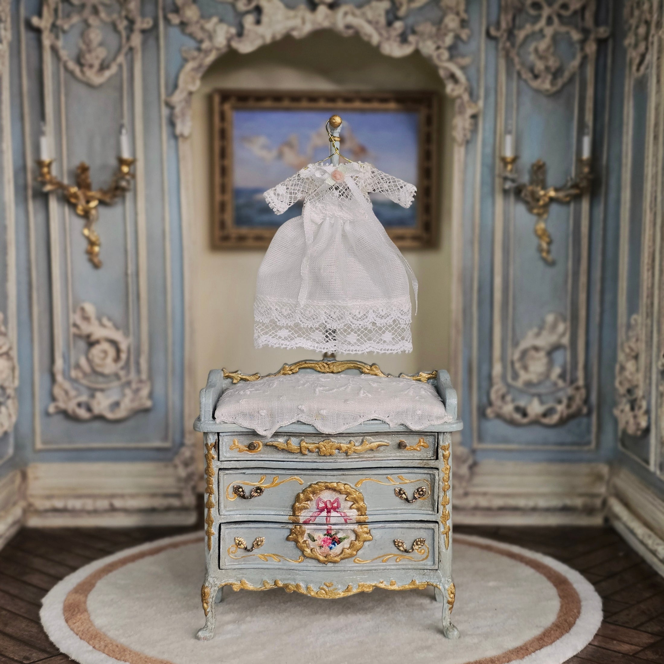 June Clinkscales Custom Rococo Gilt Blue Baby’s Changing Table with Hanging Rail