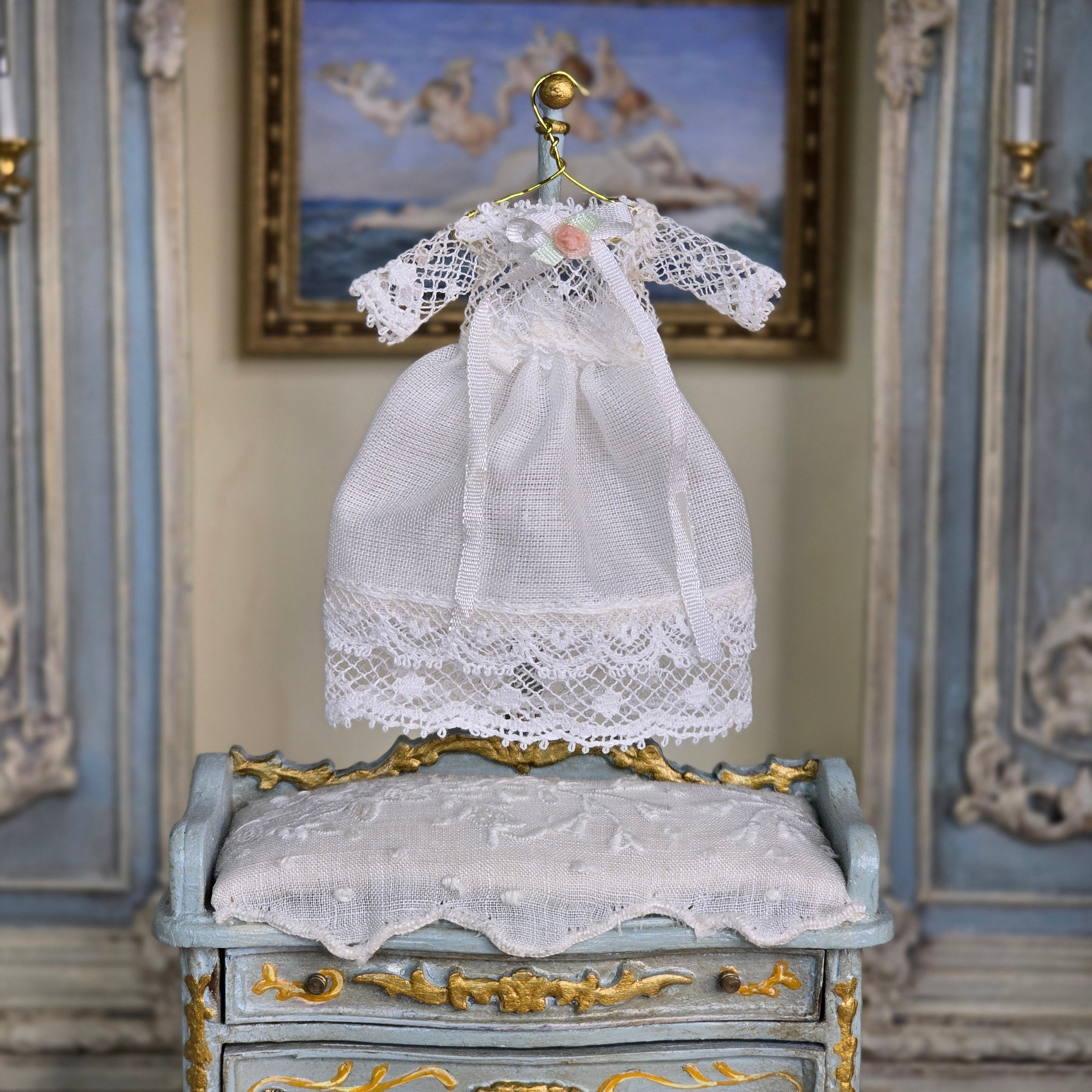 Miniature White Lace Infant Dress on Hanger Dollhouse Baby