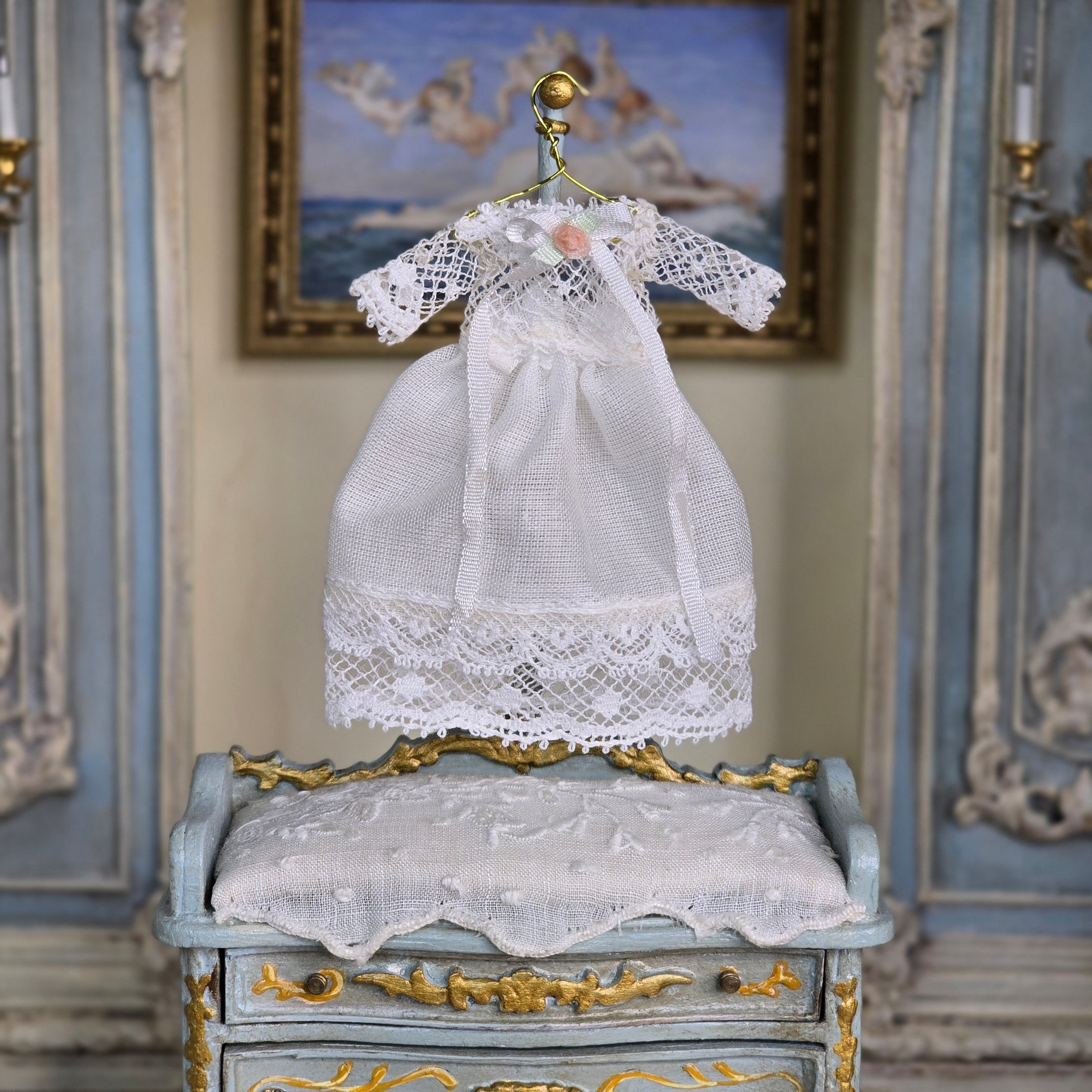 Miniature White Lace Infant Dress on Hanger Dollhouse Baby Clothing