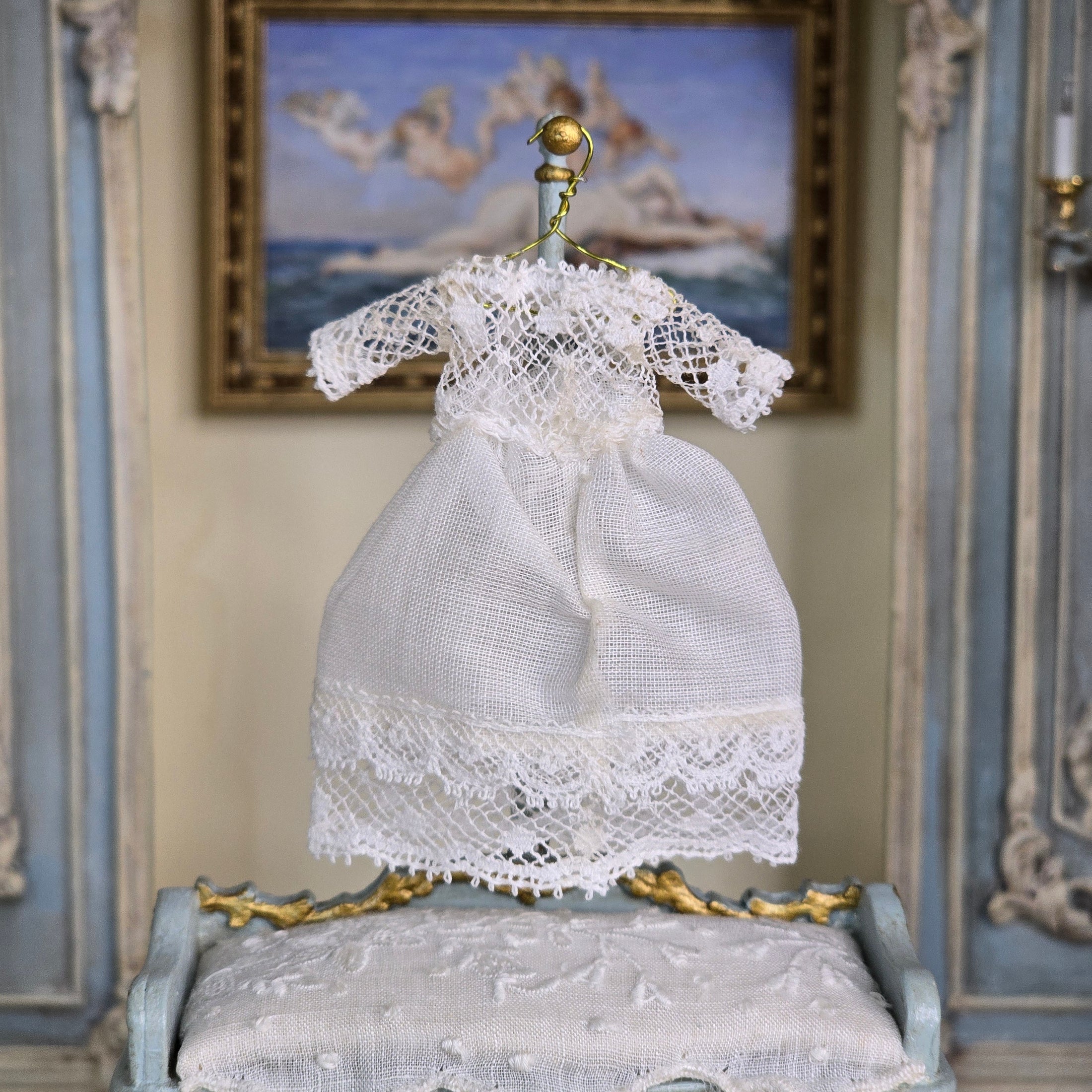 Miniature White Lace Infant Dress on Hanger Dollhouse Baby Clothing