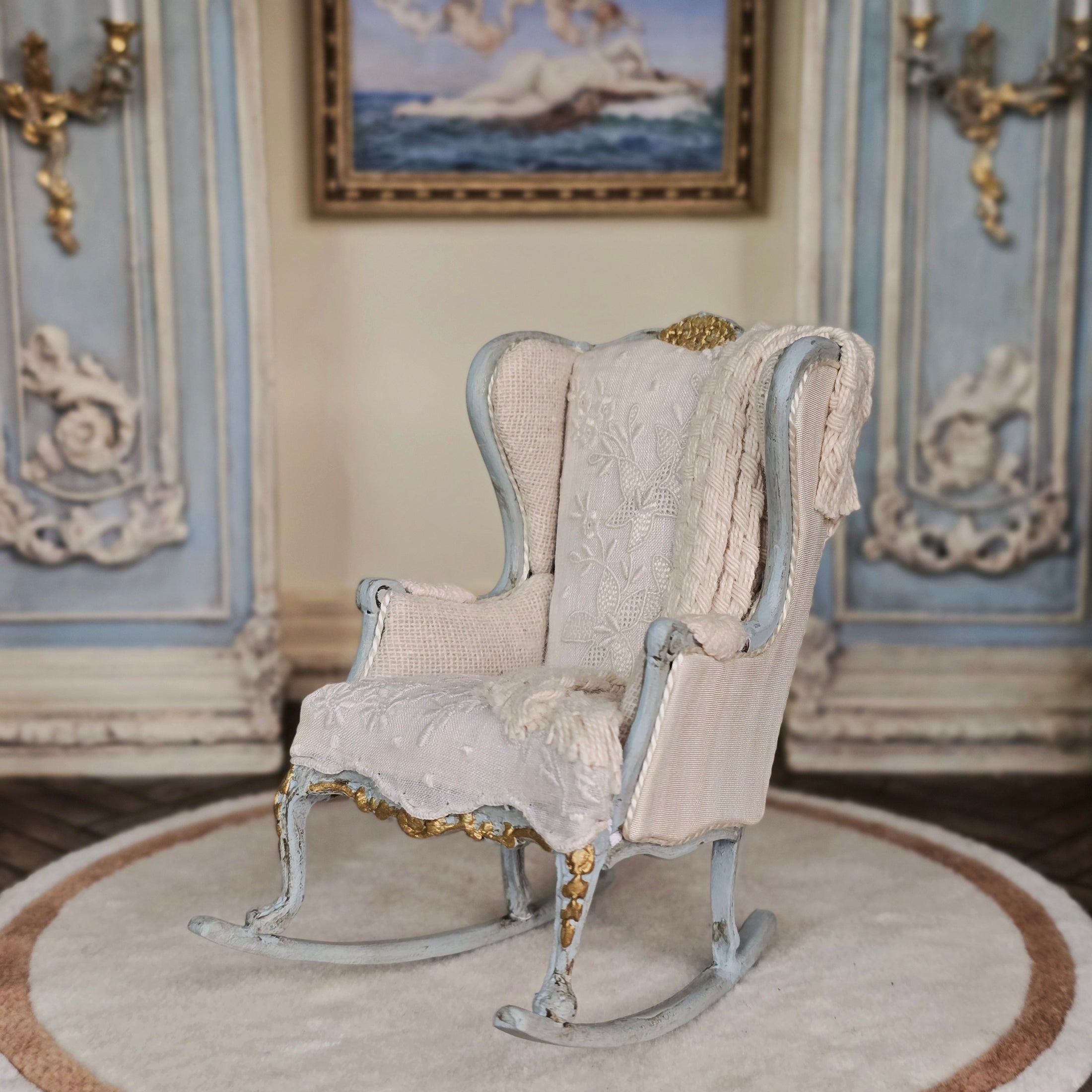 June Clinkscales Miniature Rococo Nursery Rocking Chair Gilt Blue