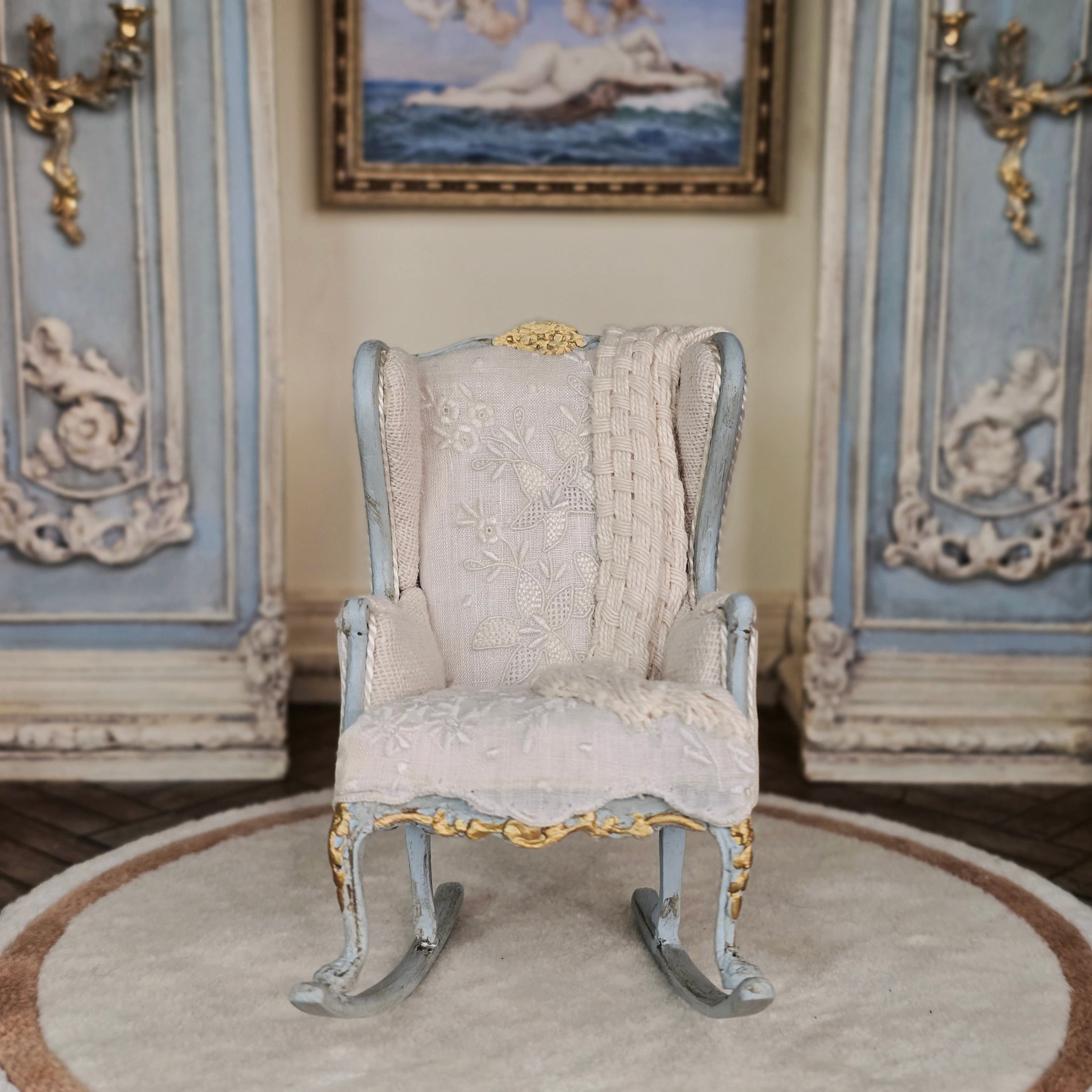 June Clinkscales Miniature Rococo Nursery Rocking Chair Gilt Blue